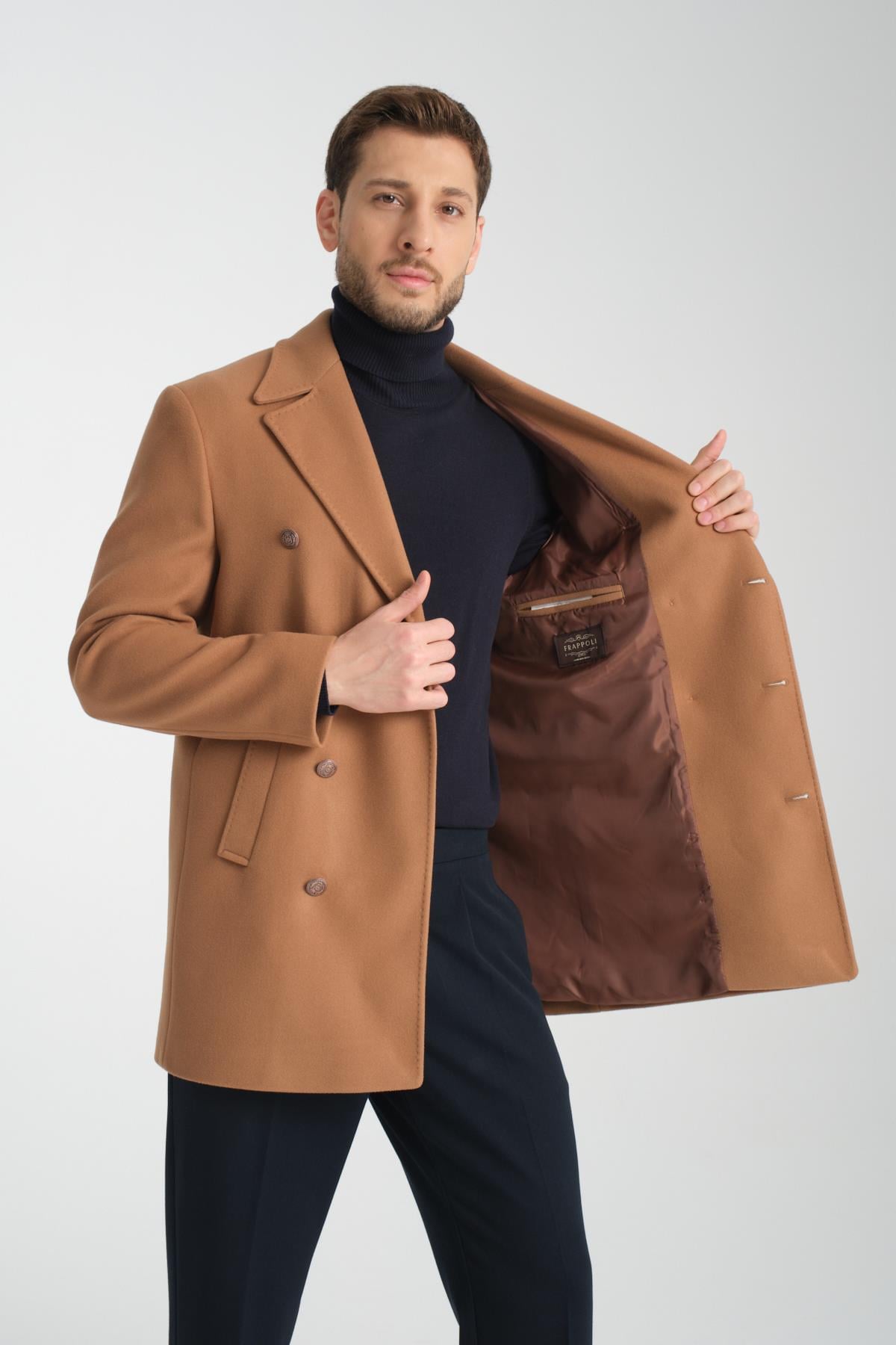 Regular Fit Kruvaze Metal Düğme Detaylı Kaşe Kaban