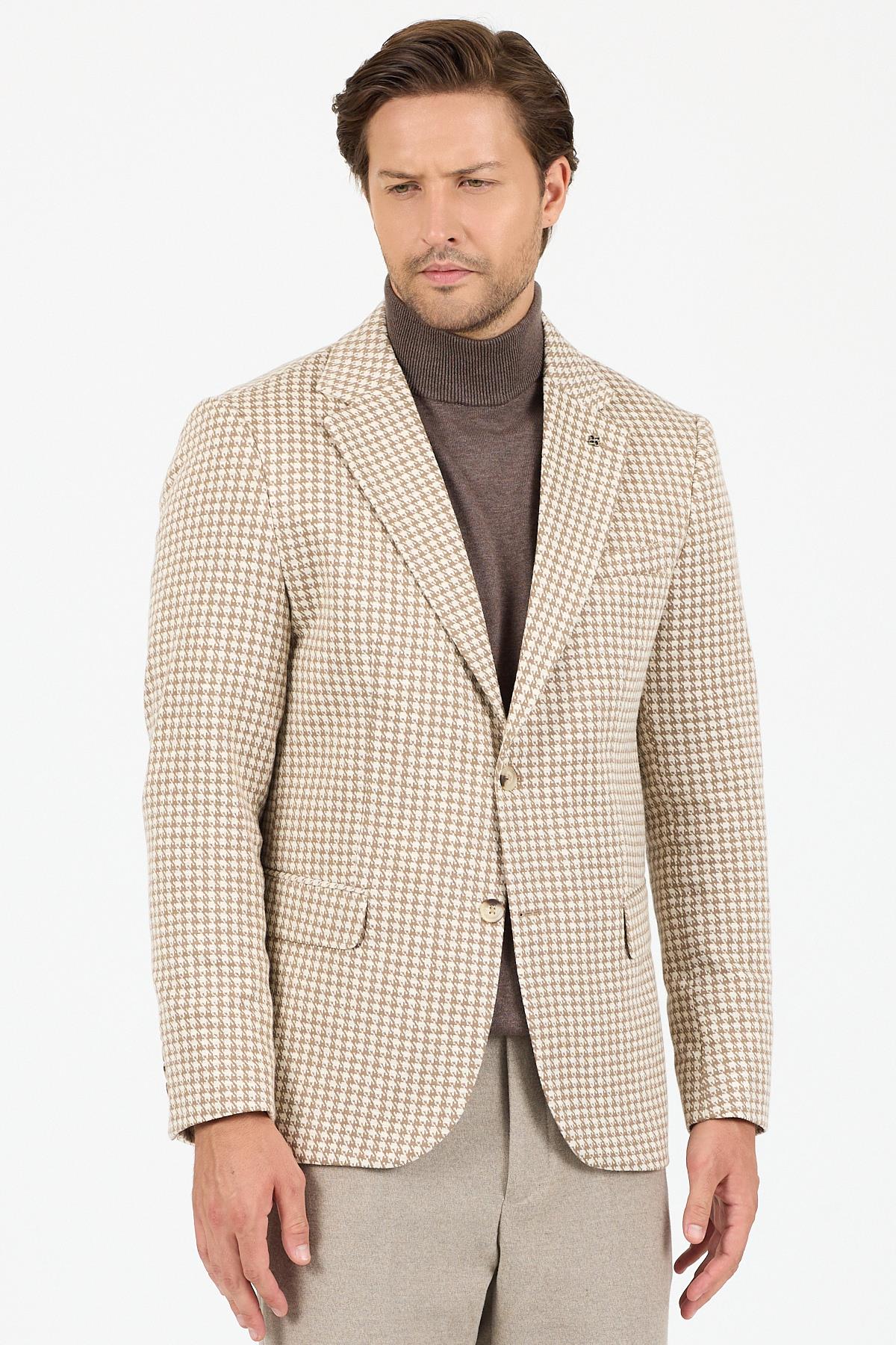 Remos Erkek Bej Kazayağı Desenli Esneyen Kumaş Mono Yaka Spor Blazer Ceket