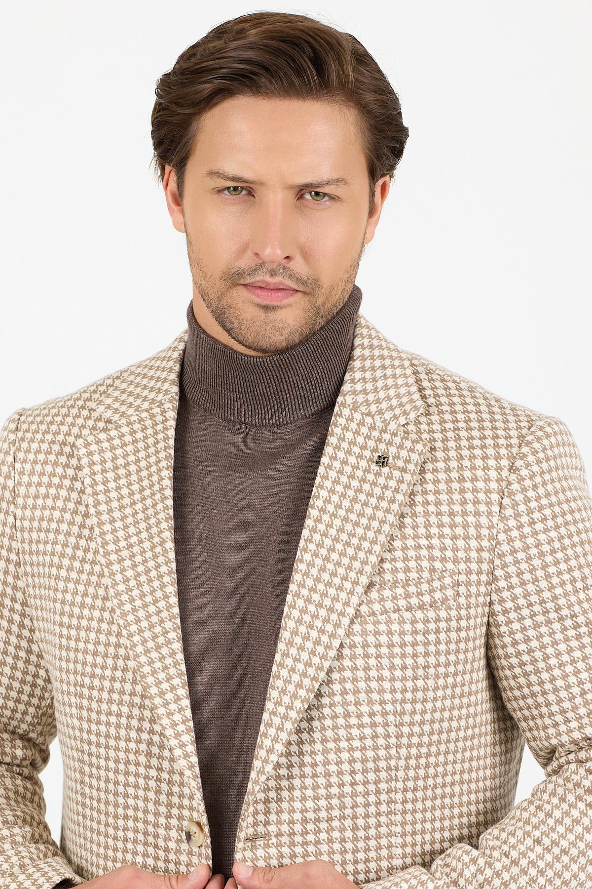 Remos Erkek Bej Kazayağı Desenli Esneyen Kumaş Mono Yaka Spor Blazer Ceket
