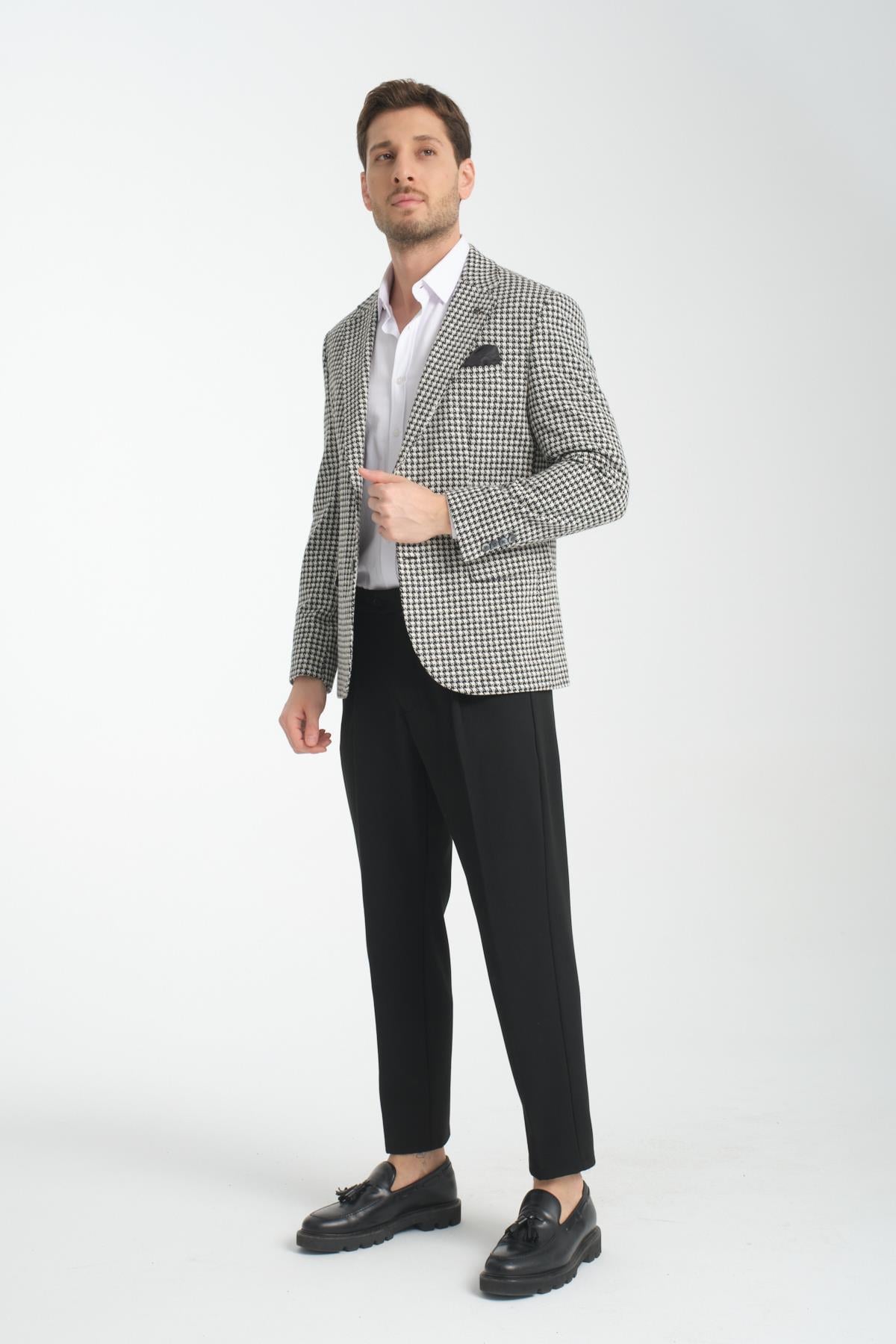 Remos Erkek Siyah Kazayağı Desenli Esneyen Kumaş Mono Yaka Spor Blazer Ceket