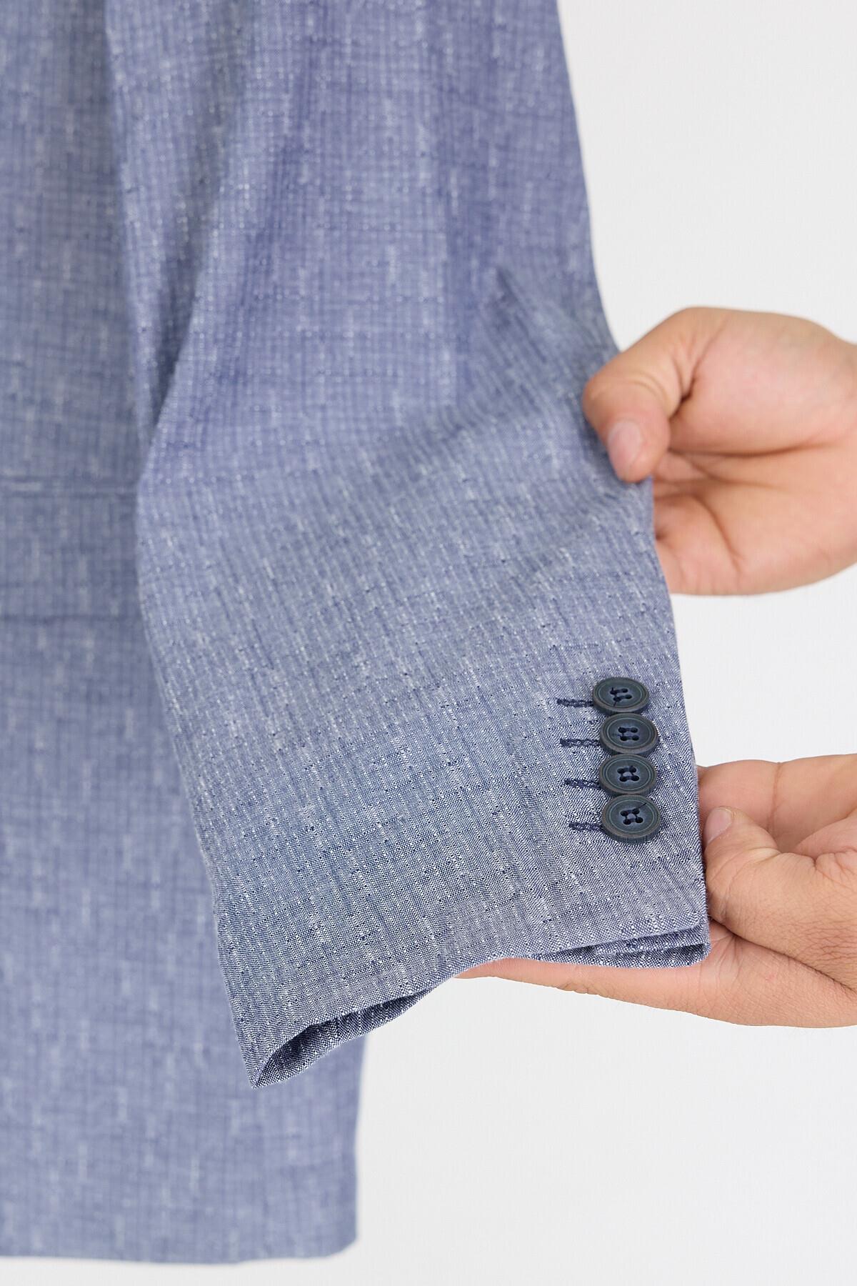Restore Erkek Açık Lacivert-Gri Likralı Pamuklu Slim Fit Spor Sivri Yaka Blazer Ceket