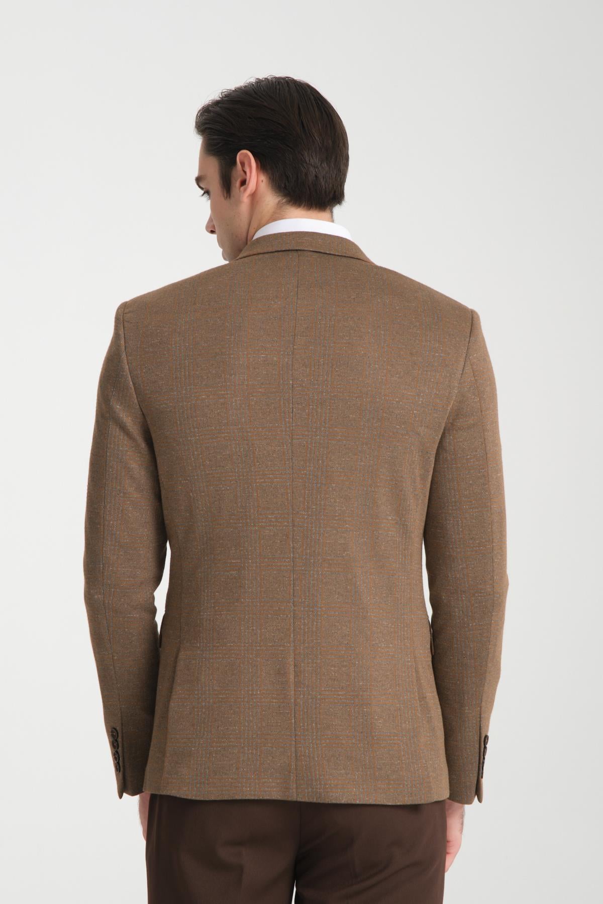 Ribas Erkek Kahverengi Likralı Pamuk Karışımlı Ekose Desenli Slim Fit Spor Blazer Ceket