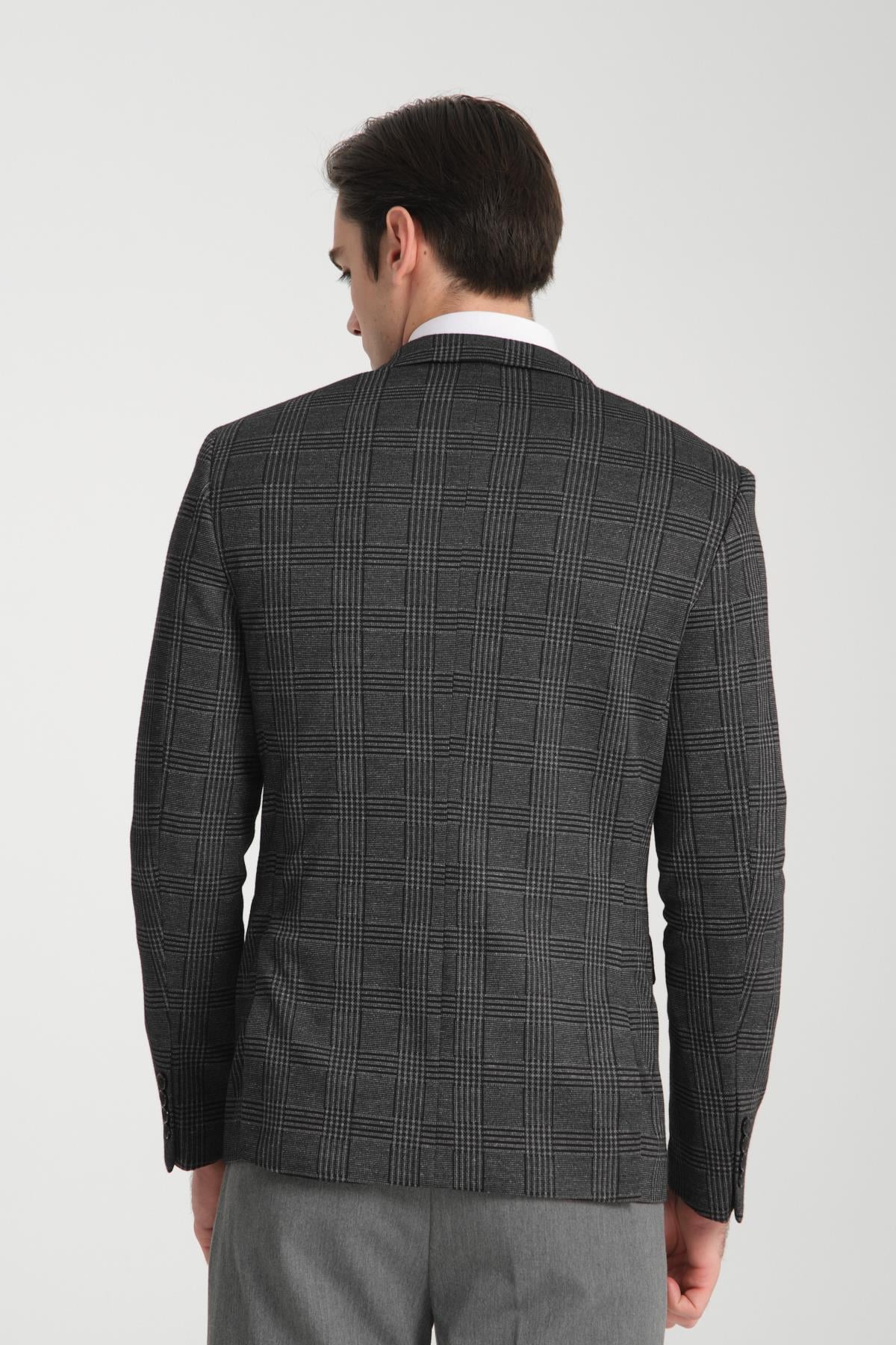 Ribas Erkek Siyah Likralı Pamuk Karışımlı Ekose Desenli Slim Fit Spor Blazer Ceket