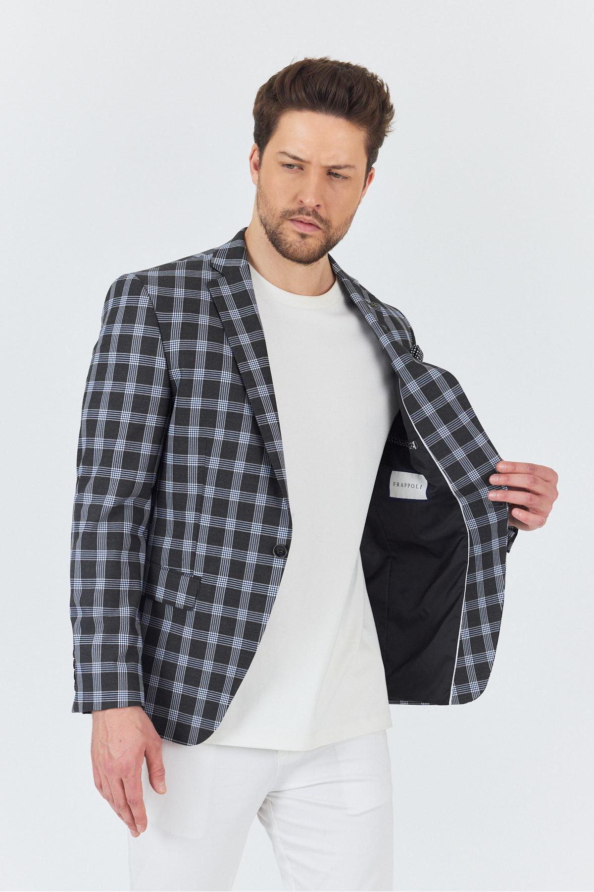 Riccardo Erkek Antrasit Ekose Kareli Poliviskon Kumaş Slim Fit Spor Blazer Ceket