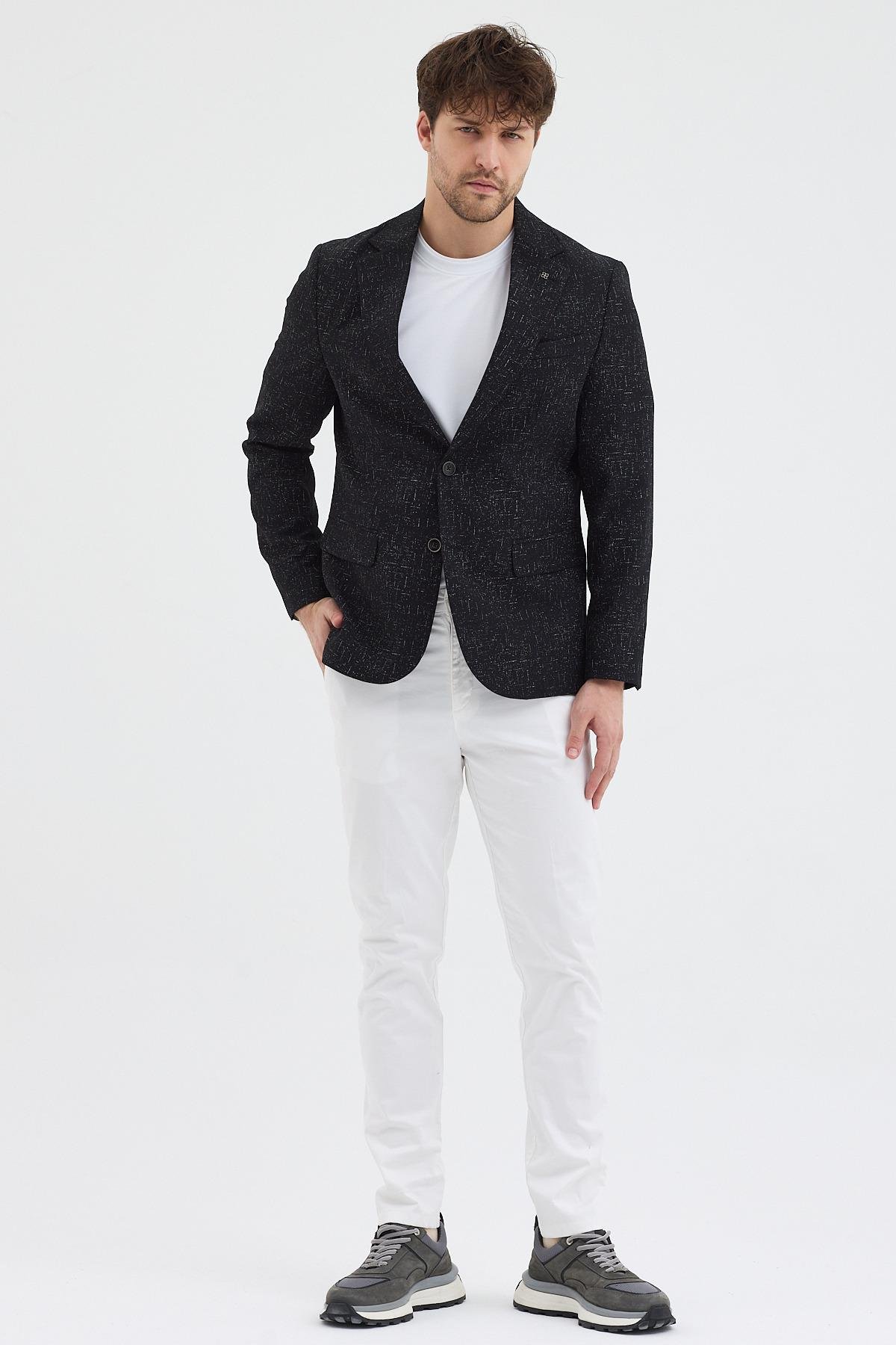 Rolfo Erkek Siyah Poliviskon Kumaşlı Desenli Slim Fit Kendinden Mendilli Mono Yaka Spor Blazer Ceket