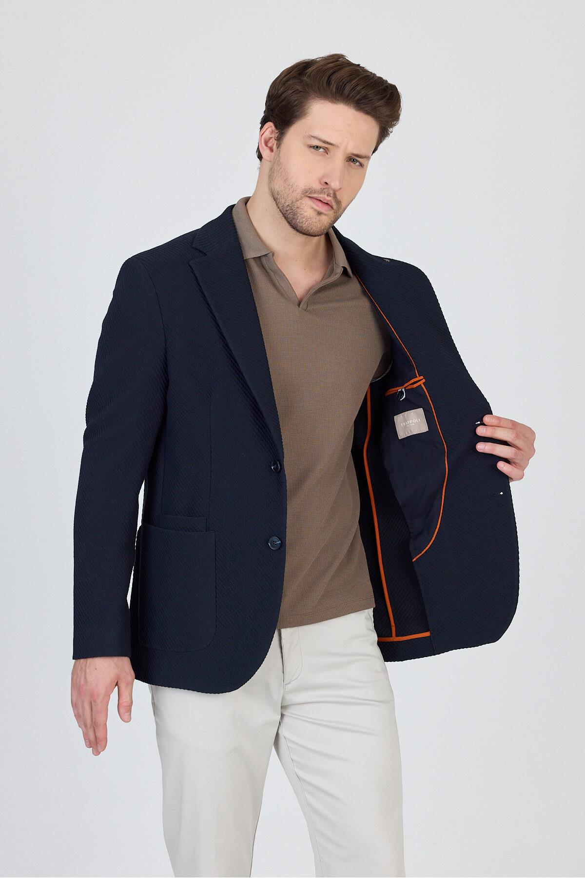 Sandeo Erkek Lacivert Astarsız Soft Diagonel Desenli Esneyen Kumaş Likralı Spor Blazer Ceket