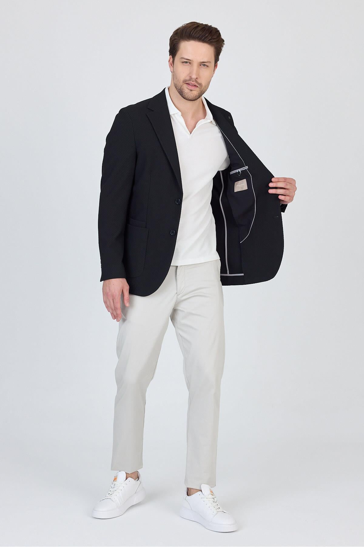 Sandeo Erkek Siyah Astarsız Soft Diagonel Desenli Esneyen Kumaş Likralı Spor Blazer Ceket