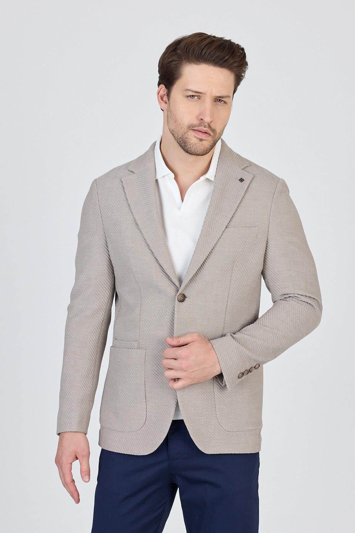 Sandeo Erkek Smoke Astarsız Soft Diagonel Desenli Esneyen Kumaş Likralı Spor Blazer Ceket