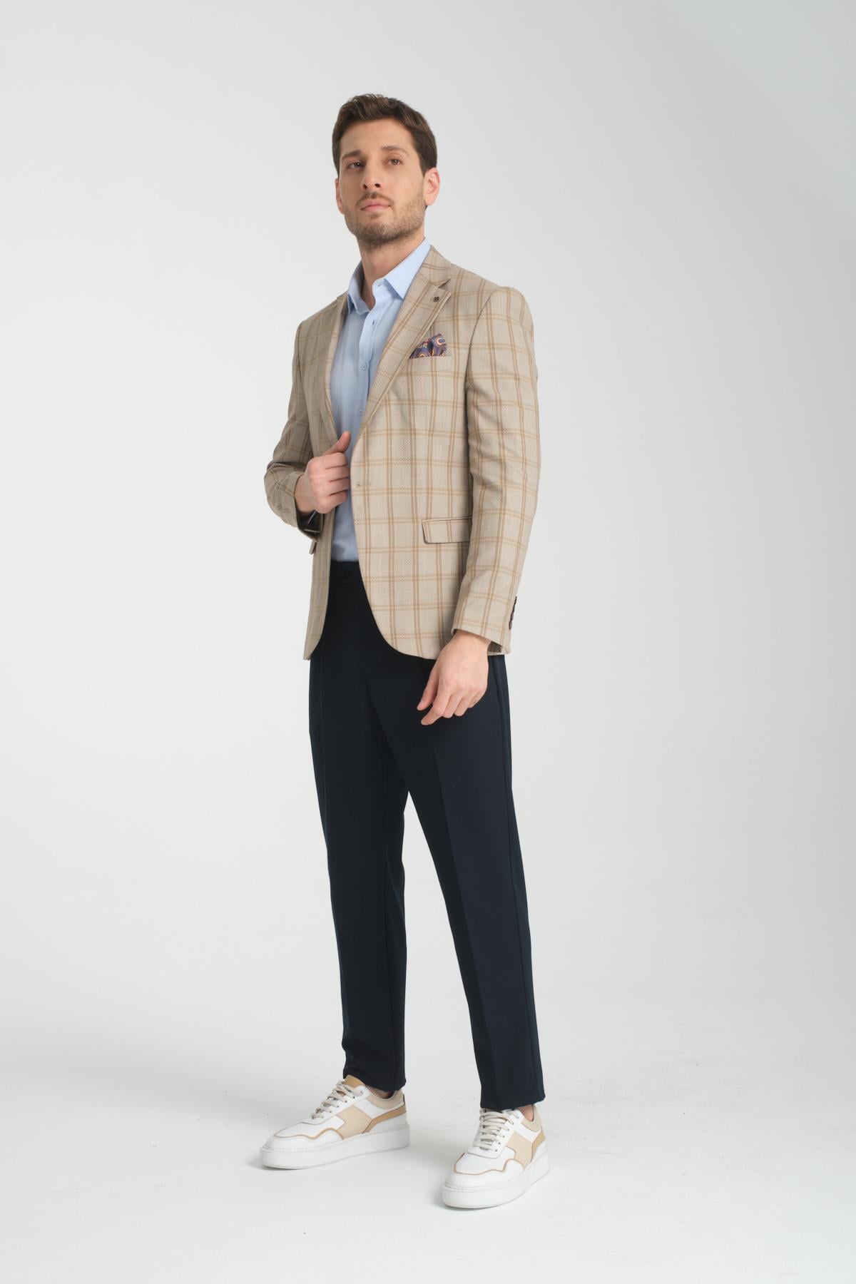 Sanofi Erkek Bej Ekose Slim Fit Mono Yaka Spor Blazer Ceket