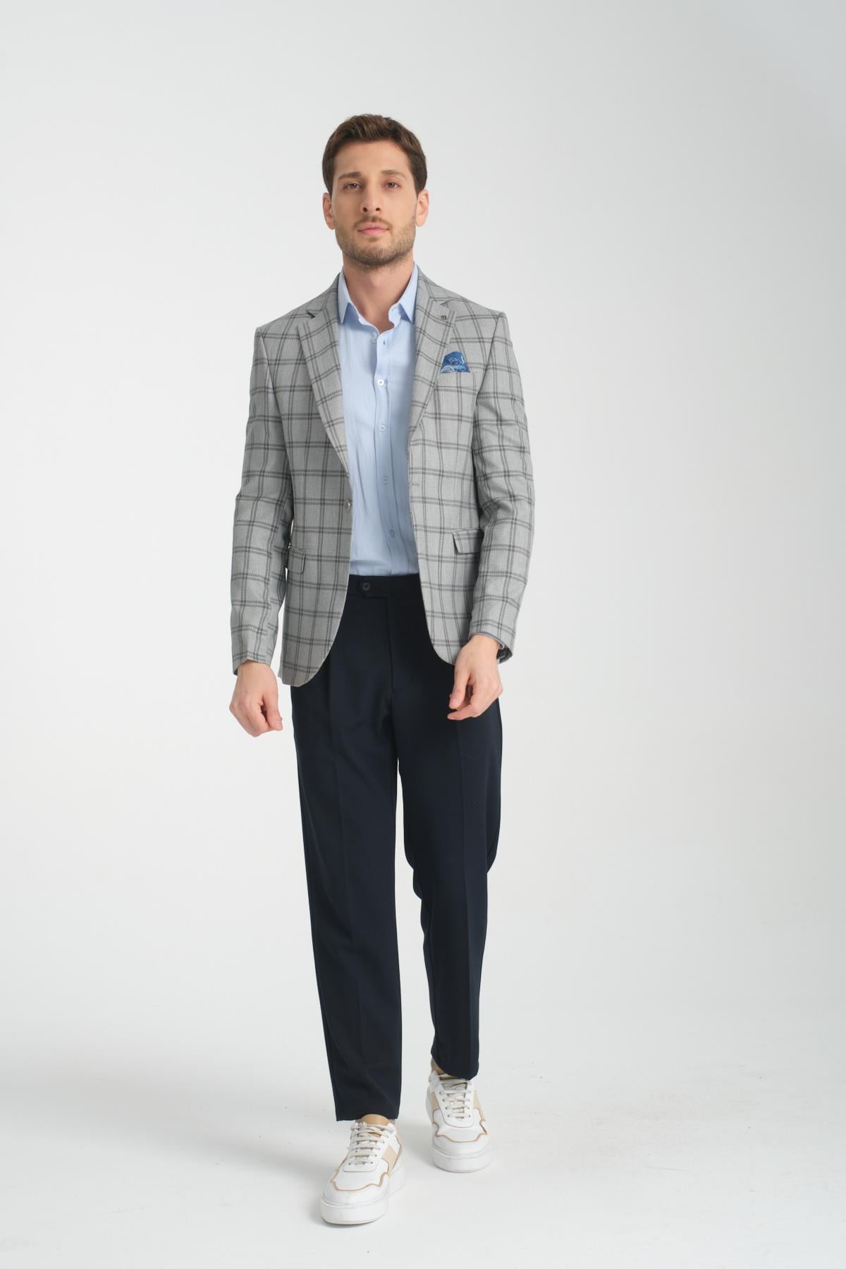 Sanofi Erkek Gri Ekose Slim Fit Mono Yaka Spor Blazer Ceket