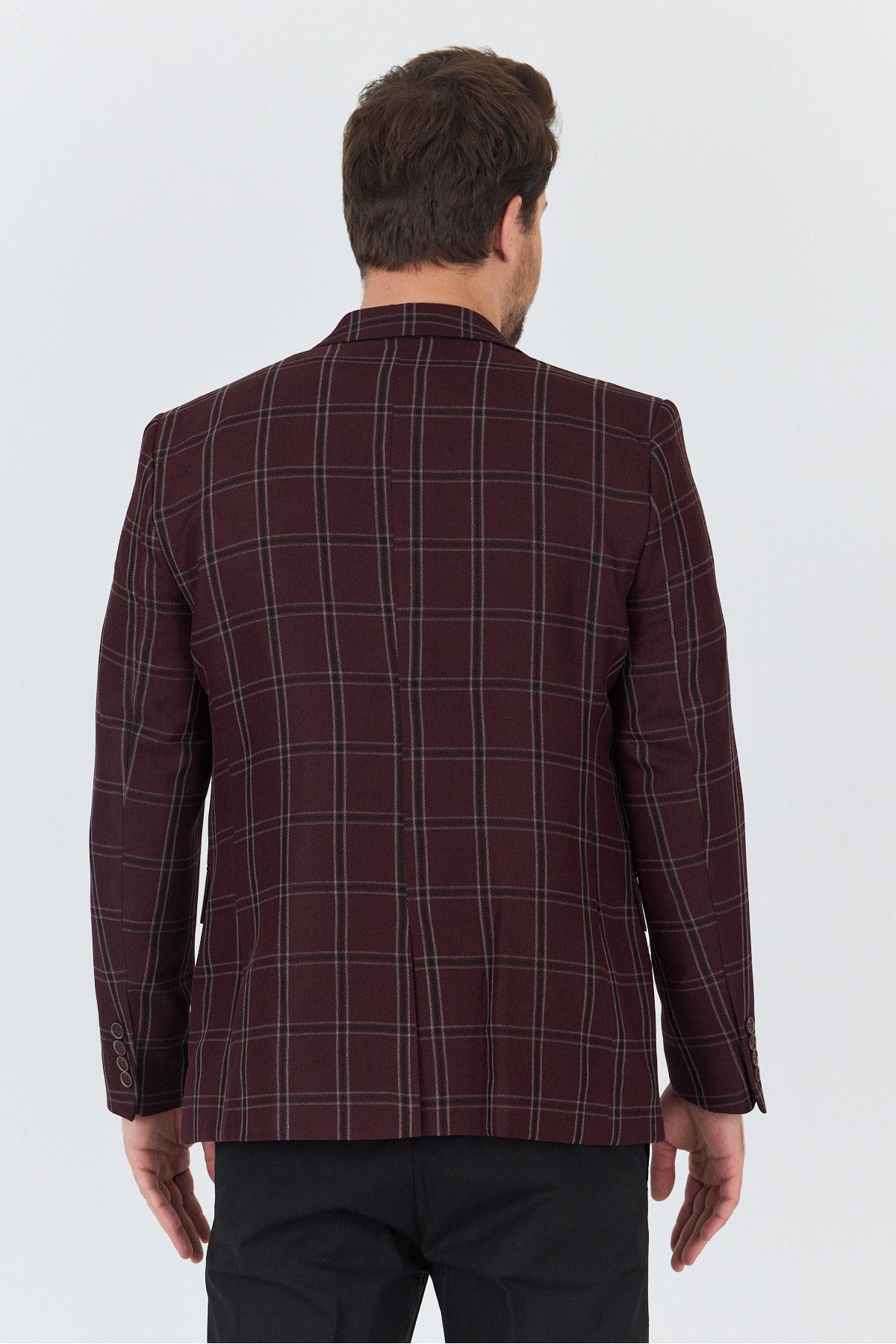 Sarmue Erkek Bordo Ekose Kareli Polyviskon Kumaş Slim Fit Dar Kesim Spor Blazer Ceket