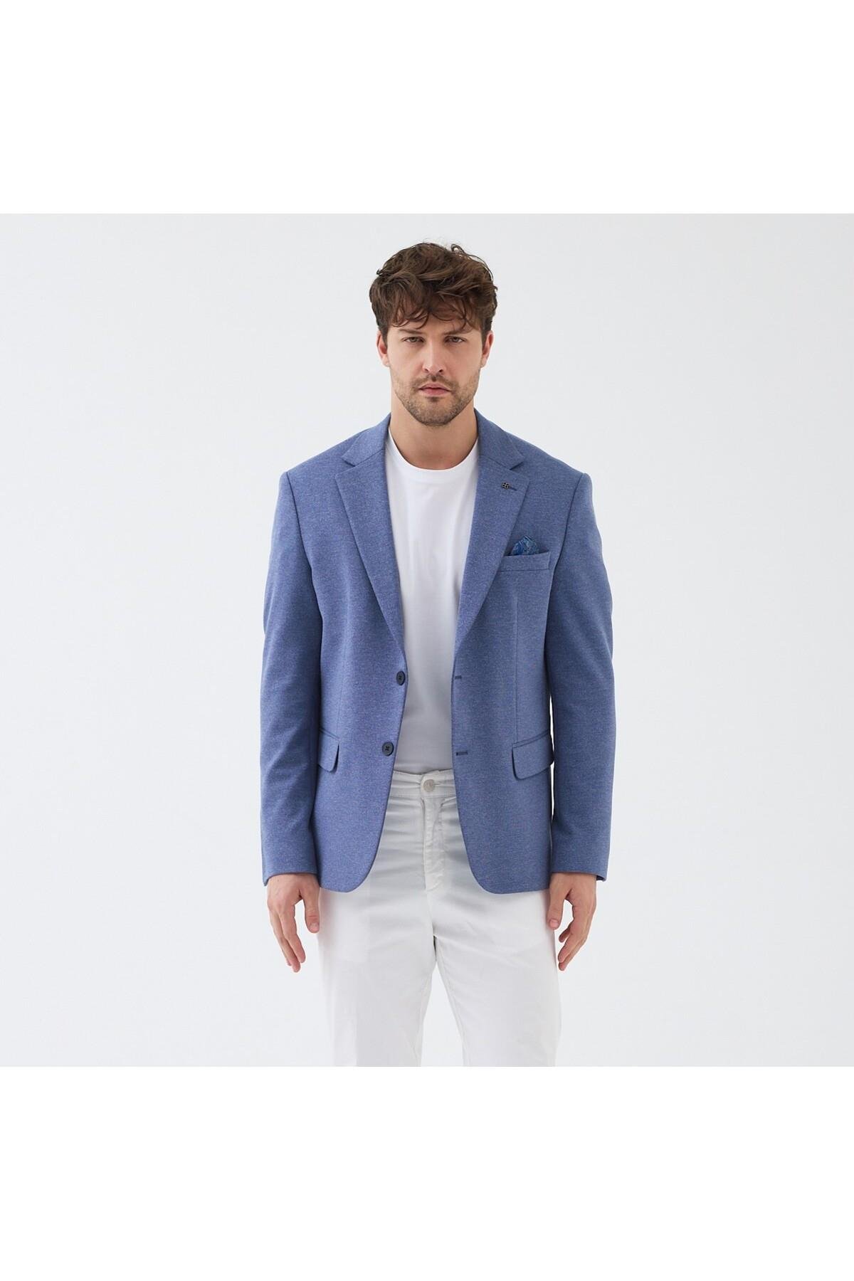 Savue Erkek Açık Lacivert Pamuk Karışımlı Likralı Esneyen Kumaşlı Spor Blazer Ceket