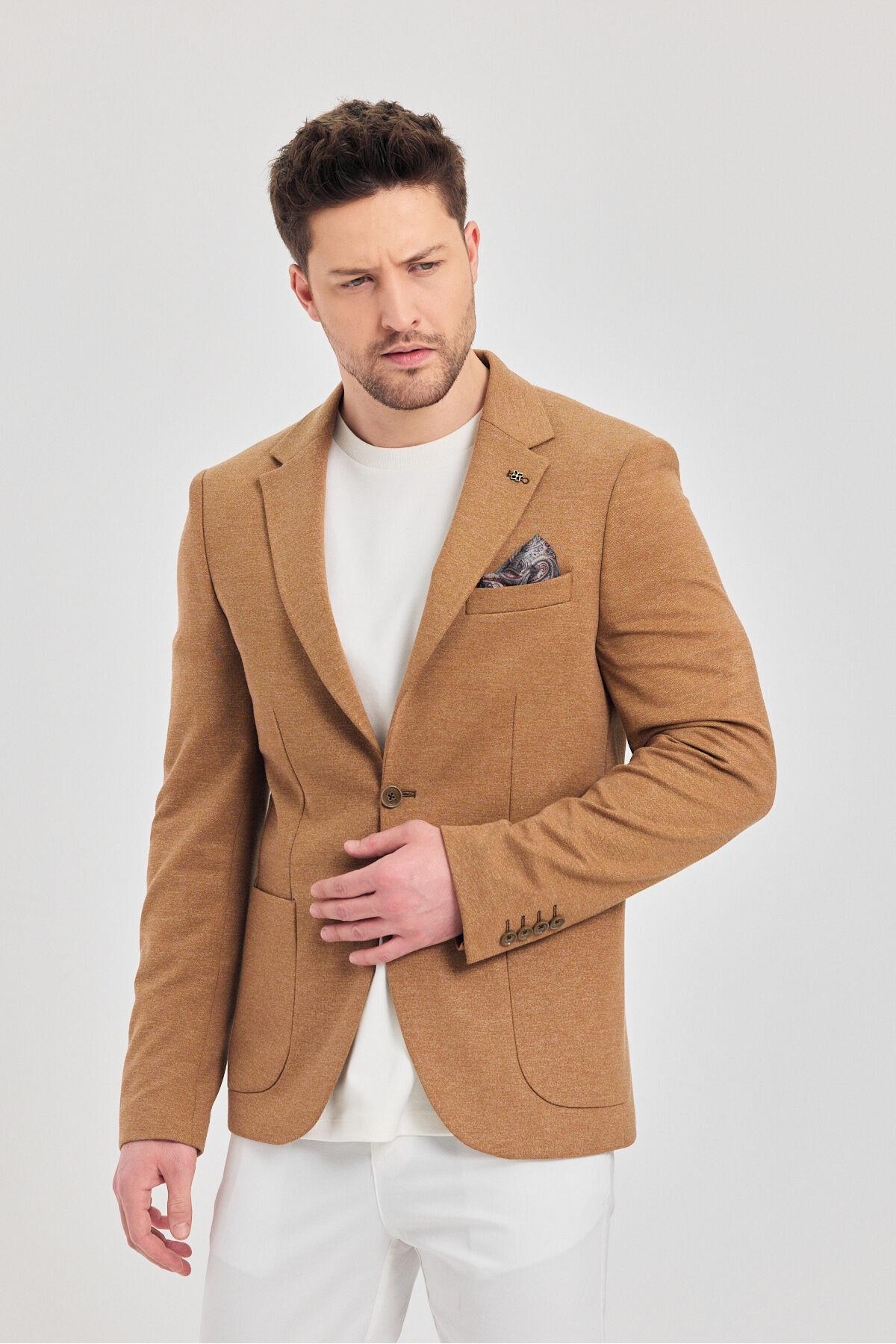 Savue Erkek Camel Pamuk Karışımlı Esneyen Kumaş Torba Cepli Slim Fit Blazer Ceket