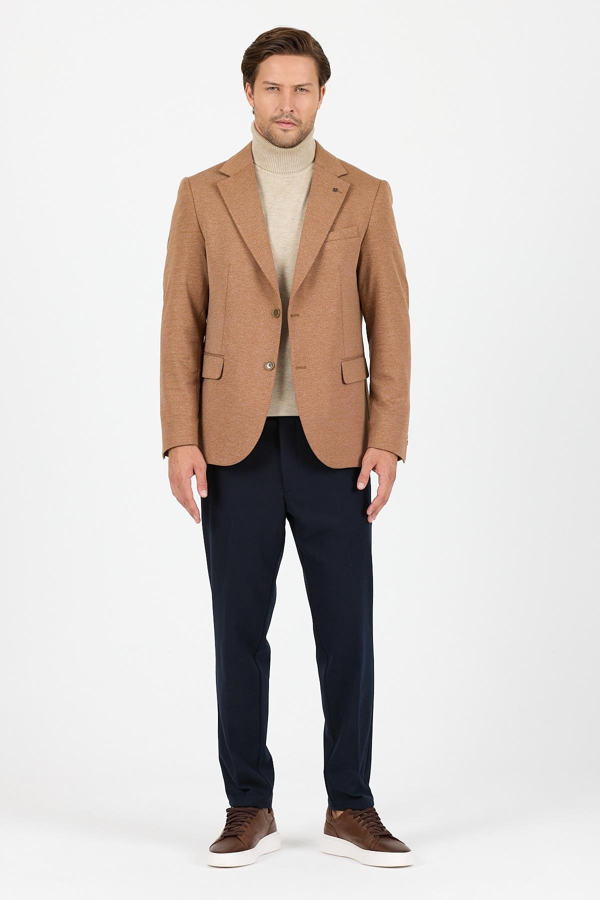 Savue Erkek Camel Pamuk Karışımlı Likralı Esneyen Kumaşlı Spor Blazer Ceket