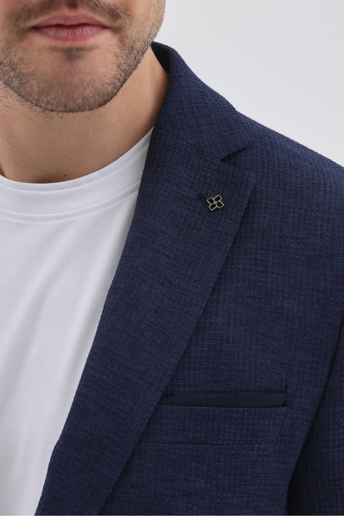 Sepica Erkek Açık Lacivert Poliviskon Kumaşlı Mono yaka Slim Fit Spor Blazer Ceket