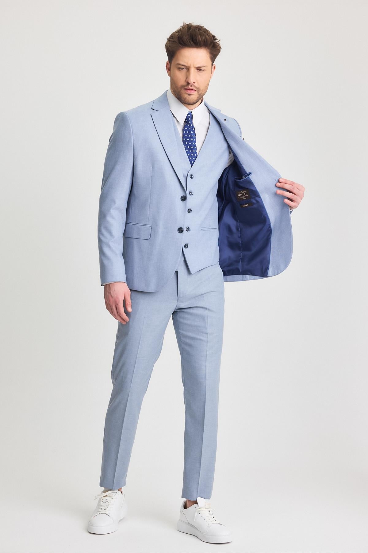 Serardo Erkek Buz Mavi Slim Fit Ceket Pantolon Yelek Takım Elbise