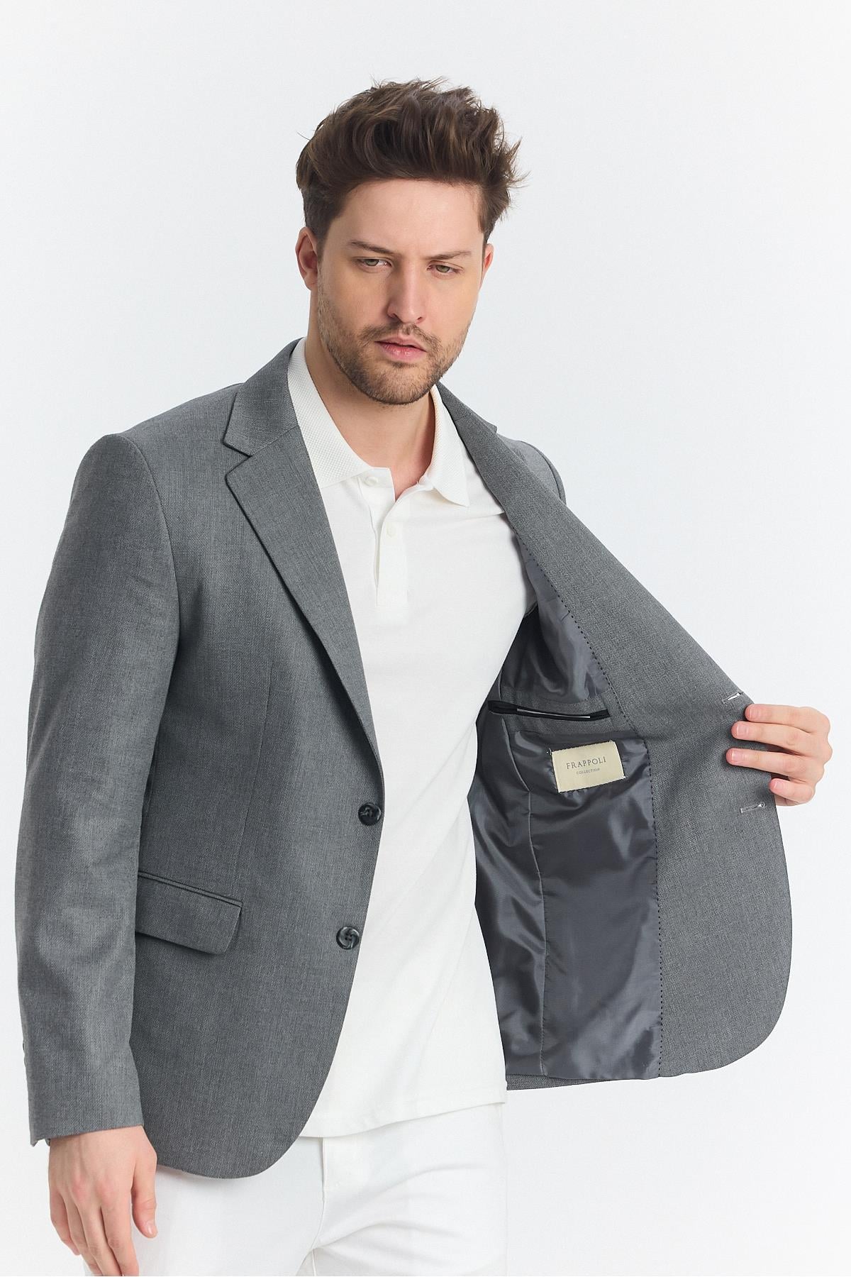Serardo Erkek Grey Yarım Astarlı Kapak Cepli İlkbahar-Yaz Spor Blazer Ceket