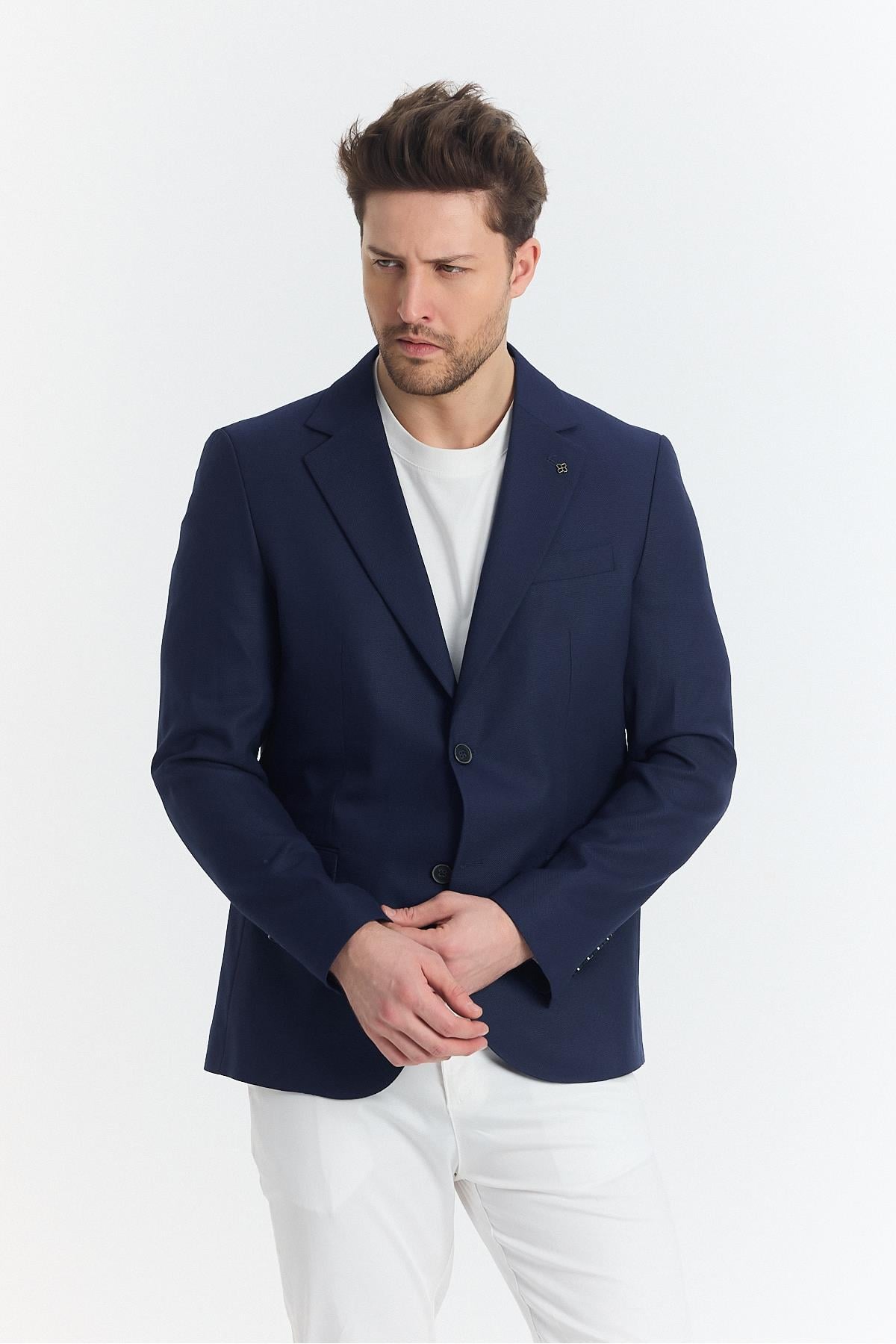 Serardo Erkek İndigo Yarım Astarlı Kapak Cepli İlkbahar-Yaz Spor Blazer Ceket