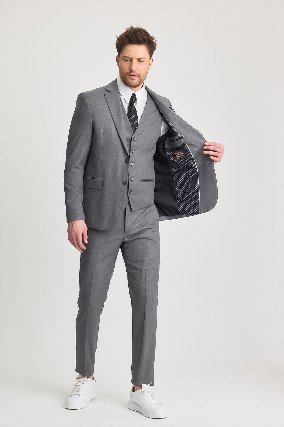 Serardo Erkek Siyah-Gri Karışımlı Slim Fit Ceket Pantolon Yelek Takım Elbise