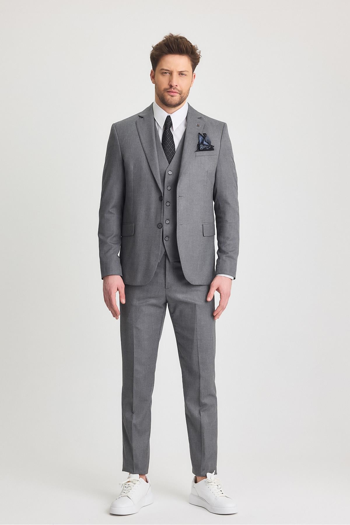 Serardo Erkek Siyah-Gri Karışımlı Slim Fit Ceket Pantolon Yelek Takım Elbise