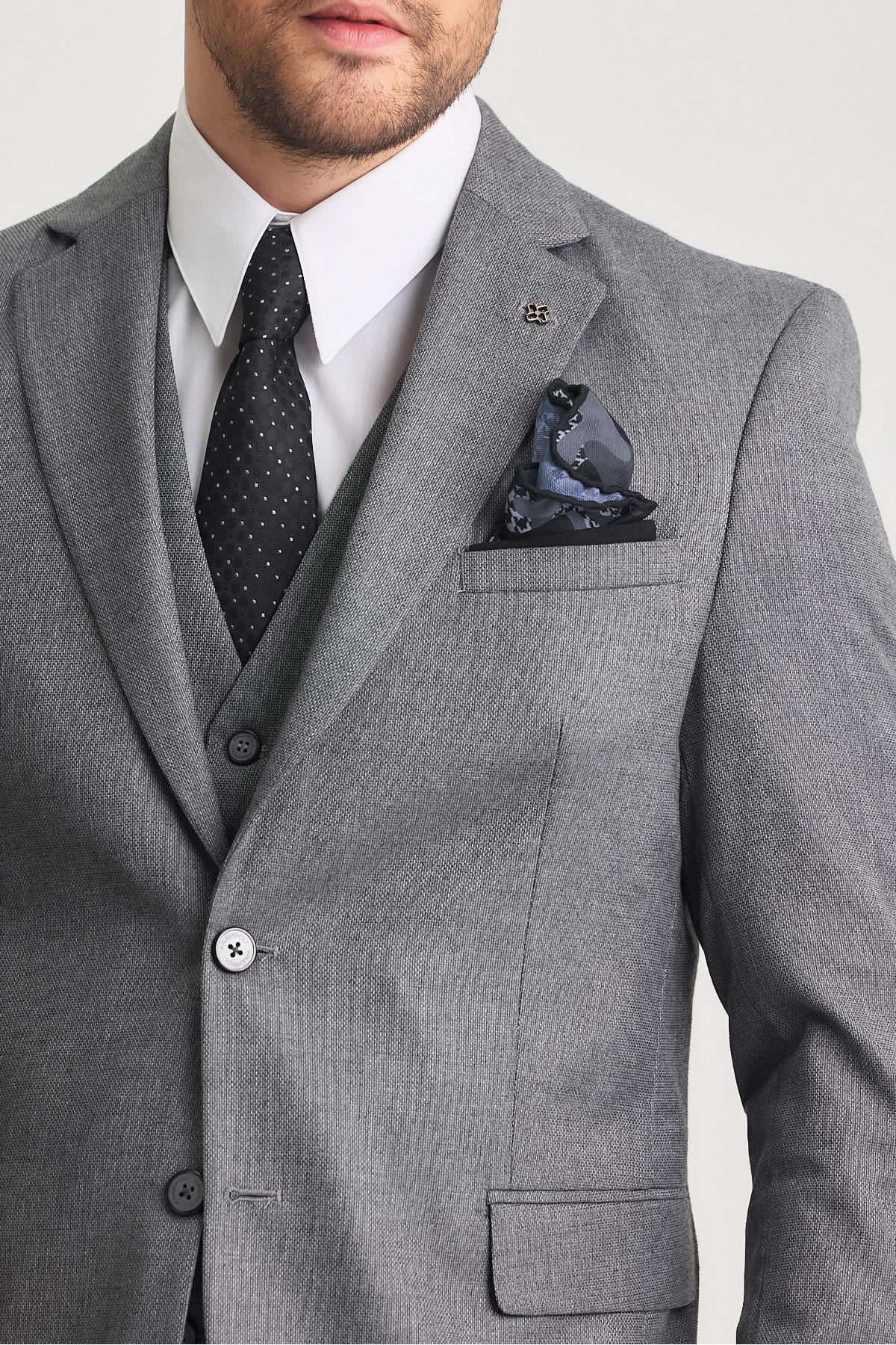 Serardo Erkek Siyah-Gri Karışımlı Slim Fit Ceket Pantolon Yelek Takım Elbise