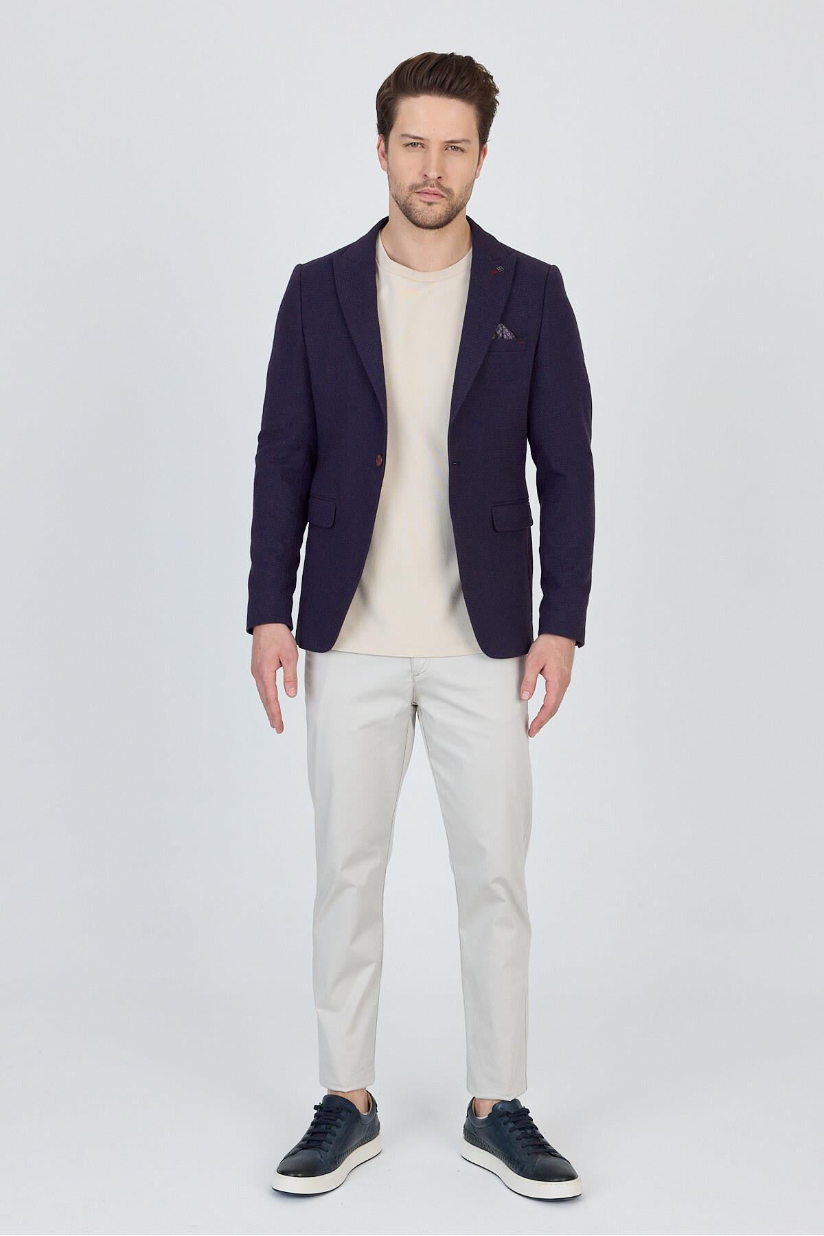 Sezer Erkek Bordo-Lacivert Ufak Desenli Polyviskon Kumaşlı Spor Blazer Ceket