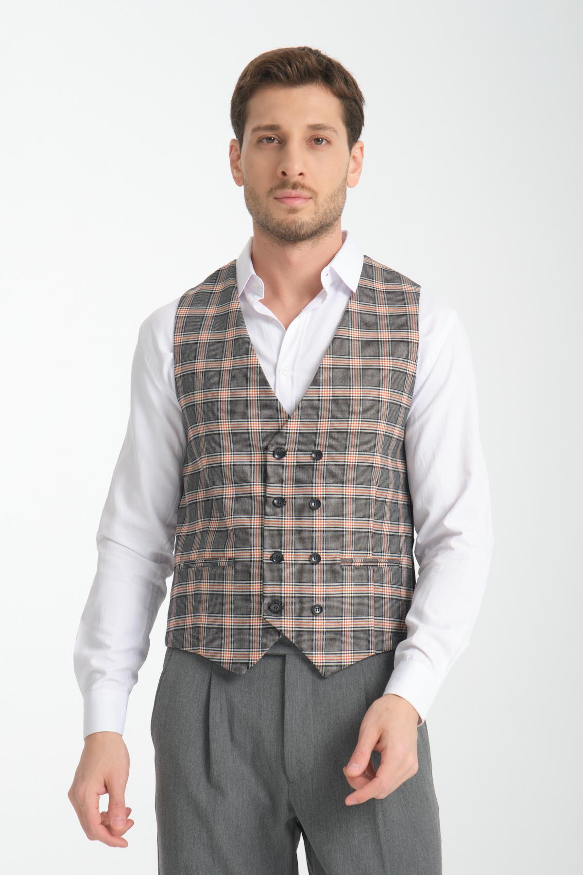 Siyah-Hardal Ekose Desenli V Yaka Kruvaze Yelek Slim Fit