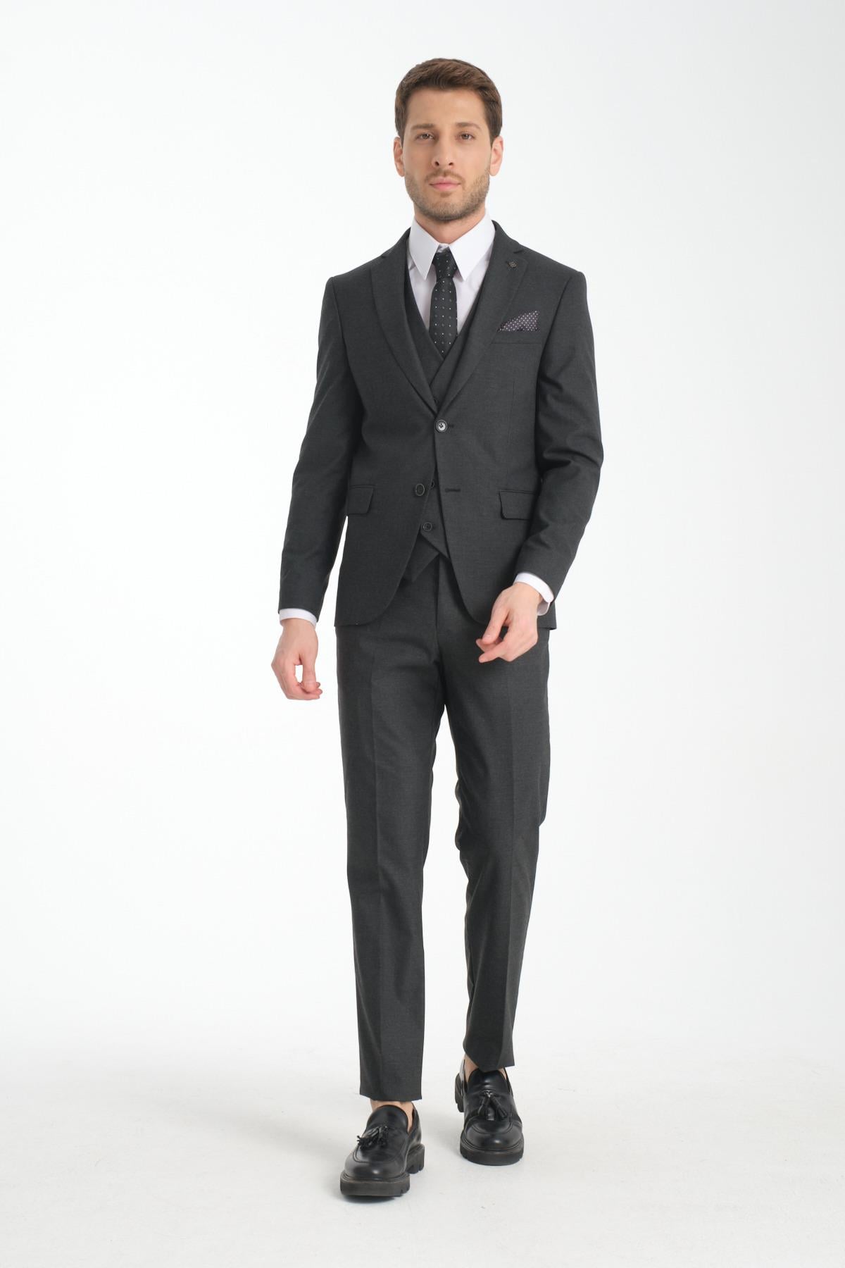 Slim Fit Antrasit Düz Mono Yaka Çift Yırtmaçlı Astarlı Takim Elbise