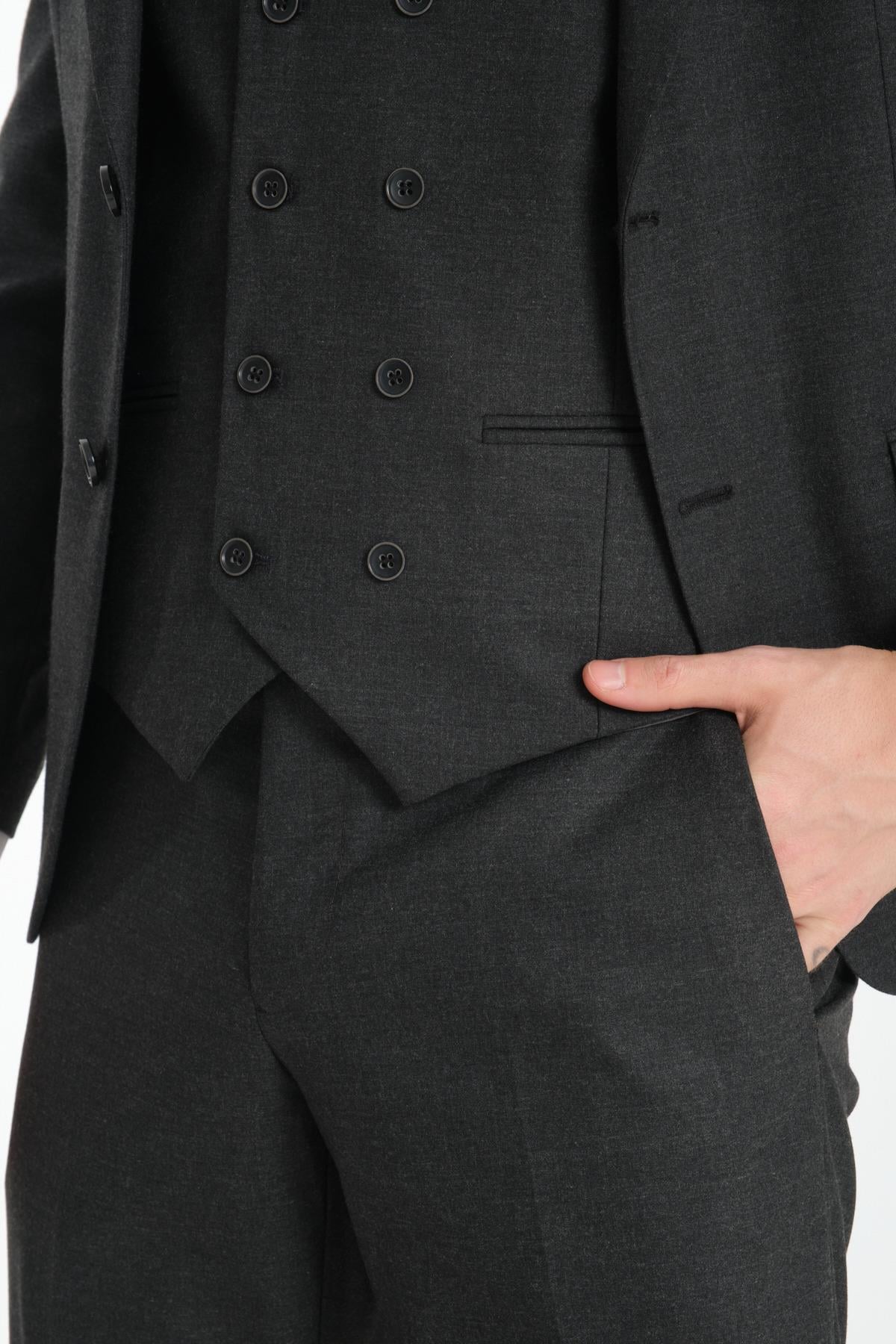 Slim Fit Antrasit Düz Mono Yaka Çift Yırtmaçlı Astarlı Takim Elbise
