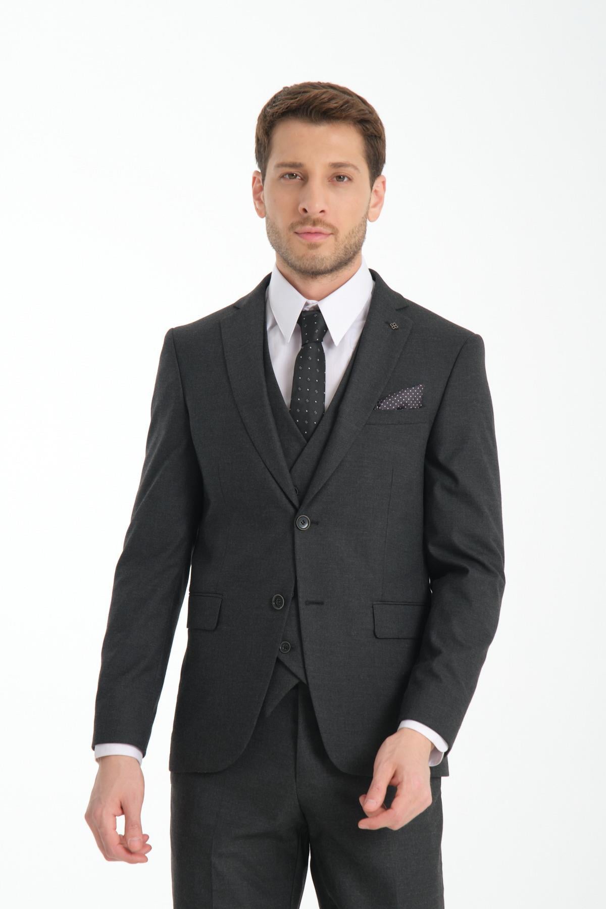 Slim Fit Antrasit Düz Mono Yaka Çift Yırtmaçlı Astarlı Takim Elbise
