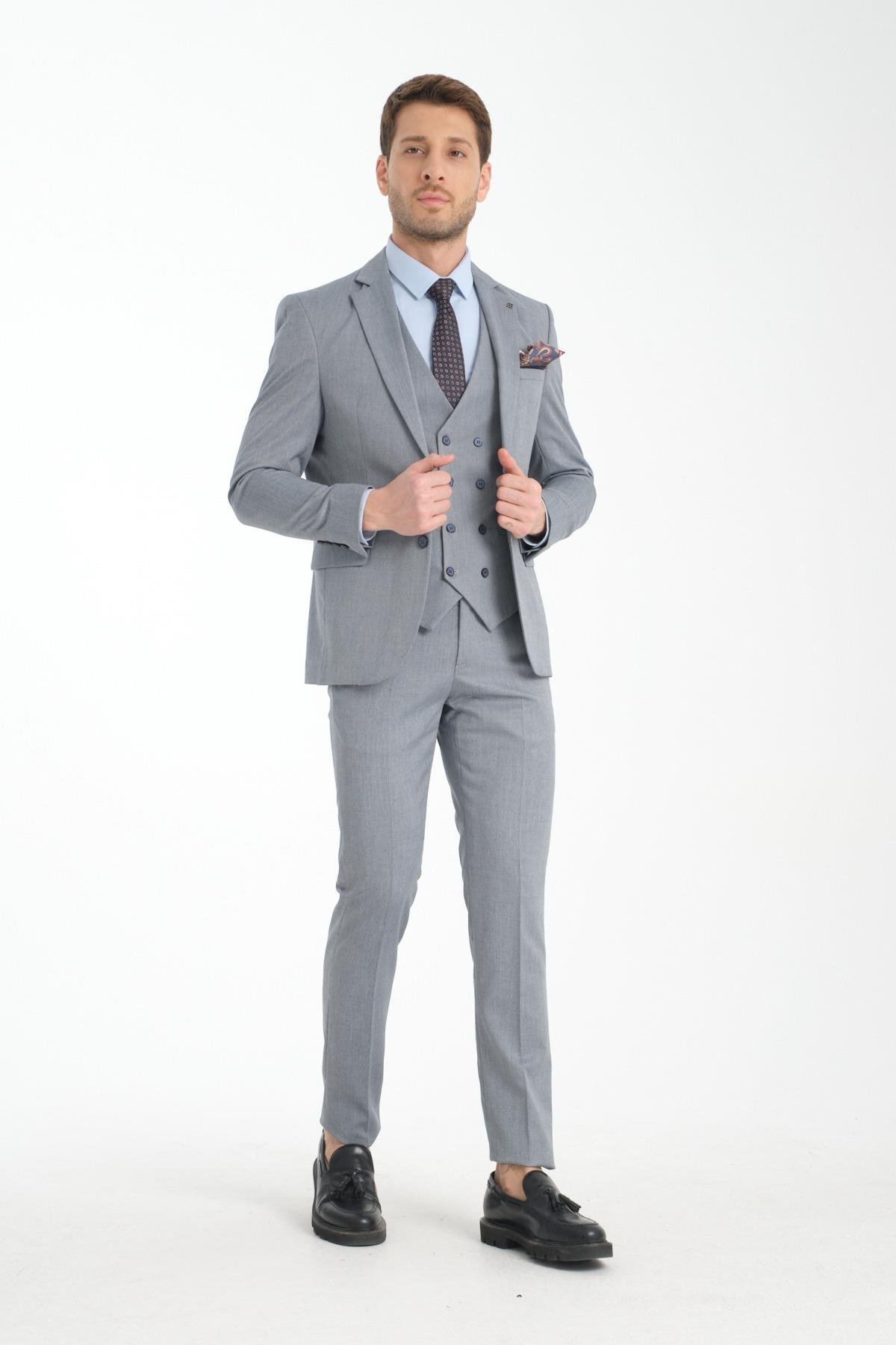 Slim Fit Erkek Düz Mono Yaka Çift Yırtmaçlı Astarlı Takim Elbise