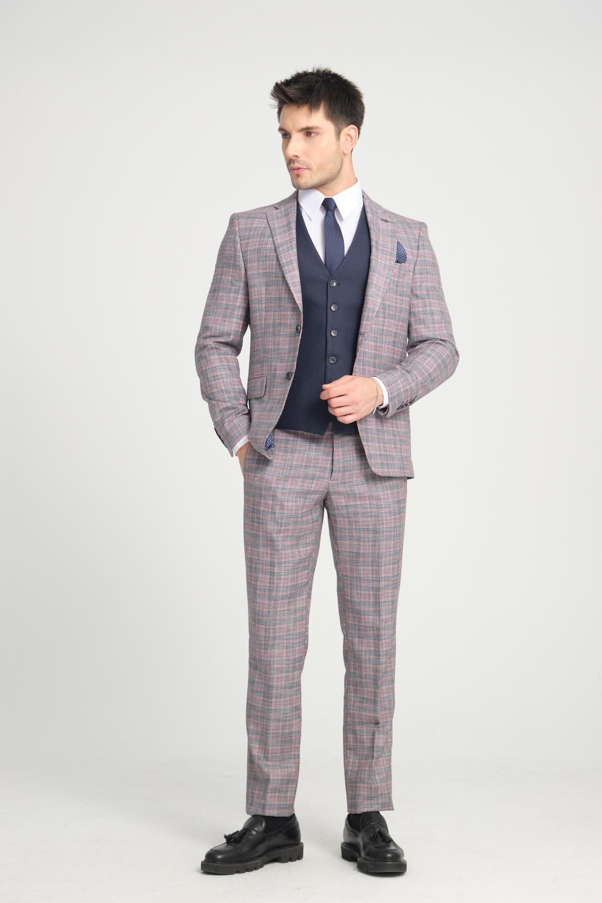 Slim Fit Gri-Bordo Ekose Kareli Düz Mono Yaka Çift Yırtmaçlı Astarlı Takim Elbise