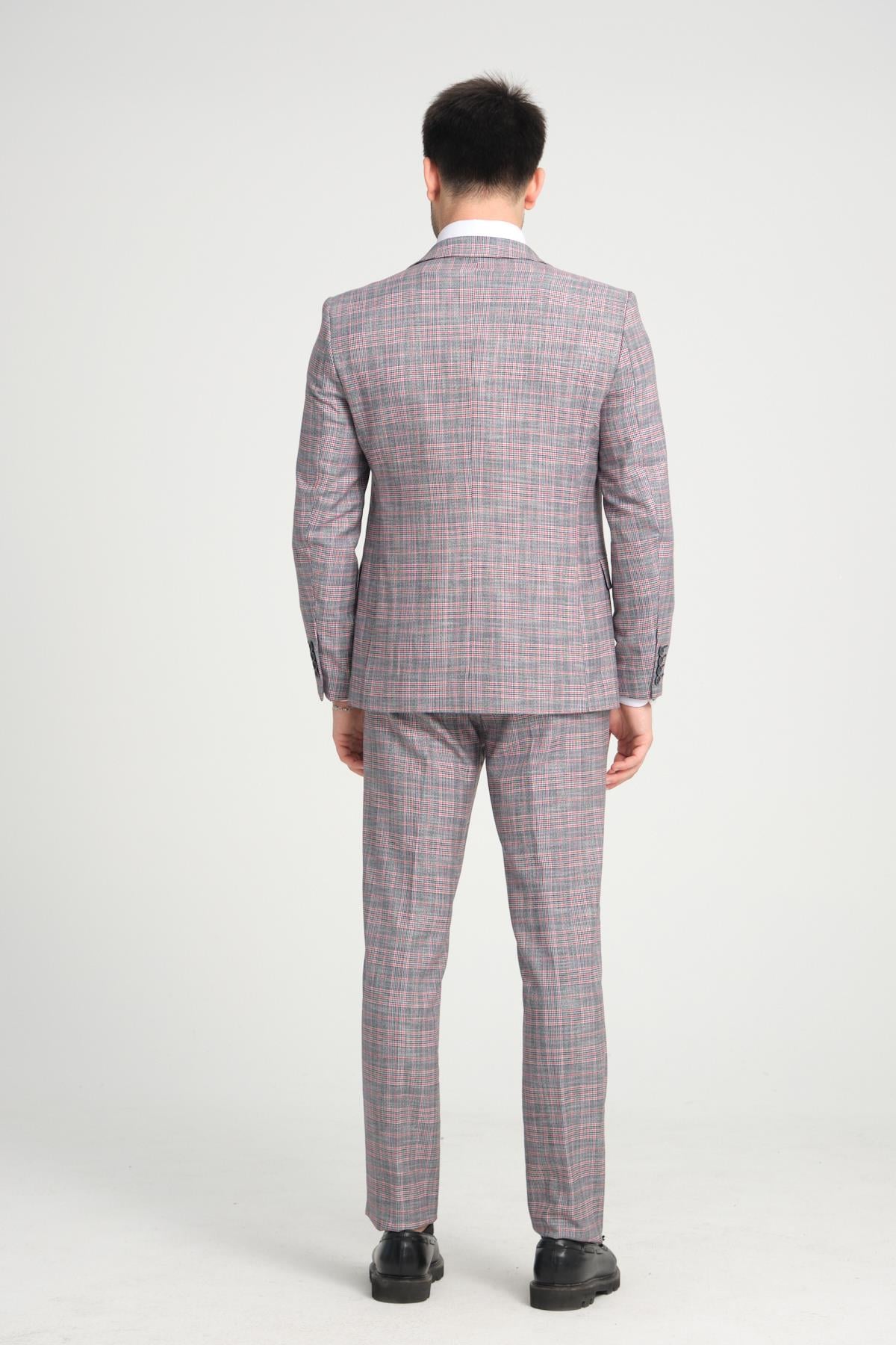 Slim Fit Gri-Bordo Ekose Kareli Düz Mono Yaka Çift Yırtmaçlı Astarlı Takim Elbise