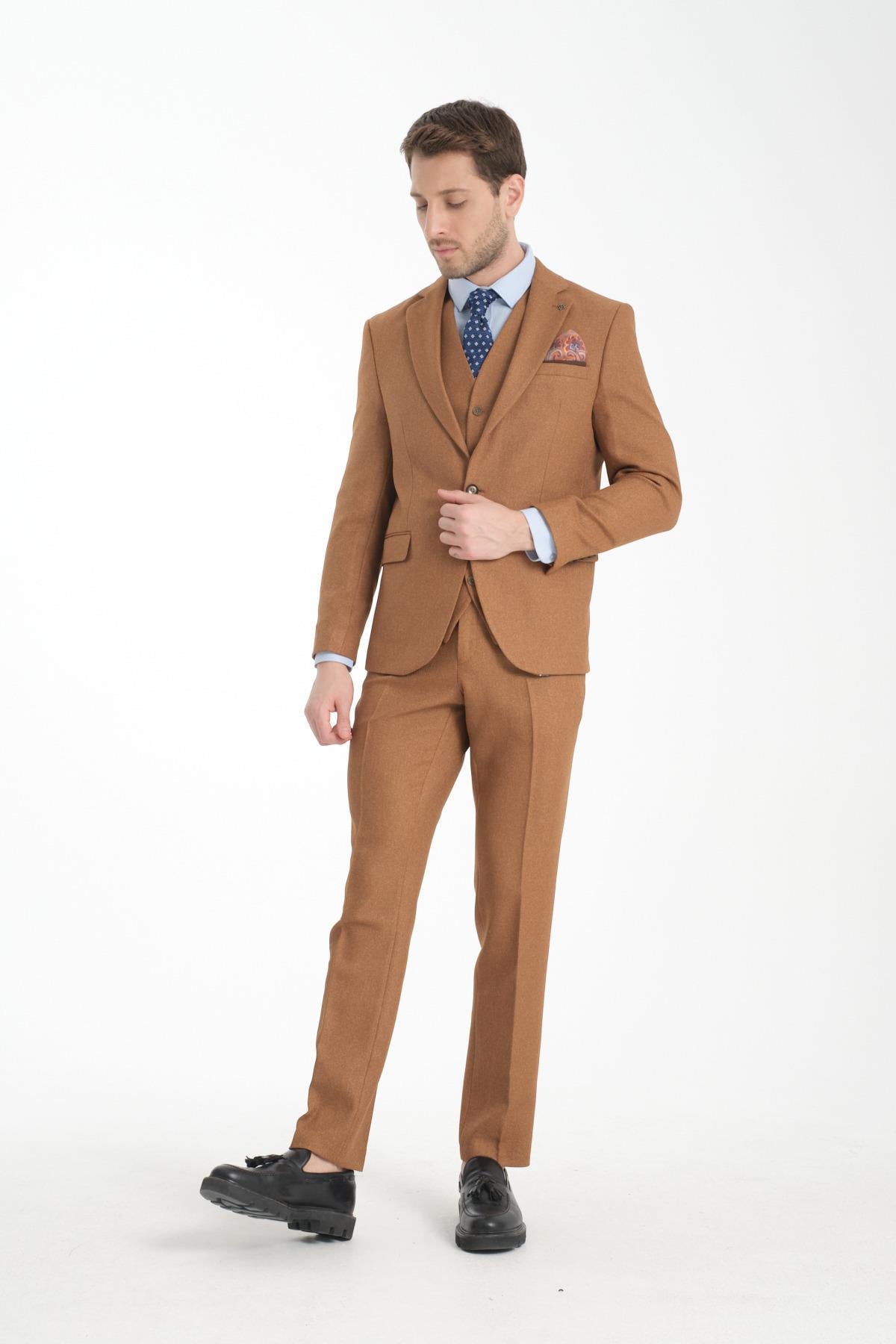 Slim Fit Kalın Düz Mono Yaka Çift Yırtmaçlı Astarlı Takim Elbise