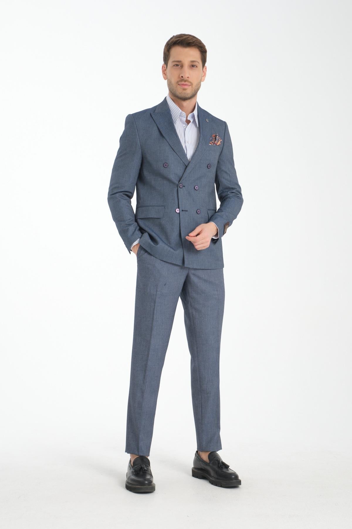 Slim Fit Kruvaze Erkek Düz Sivri Yaka Çift Yırtmaçlı Astarlı Takim Elbise