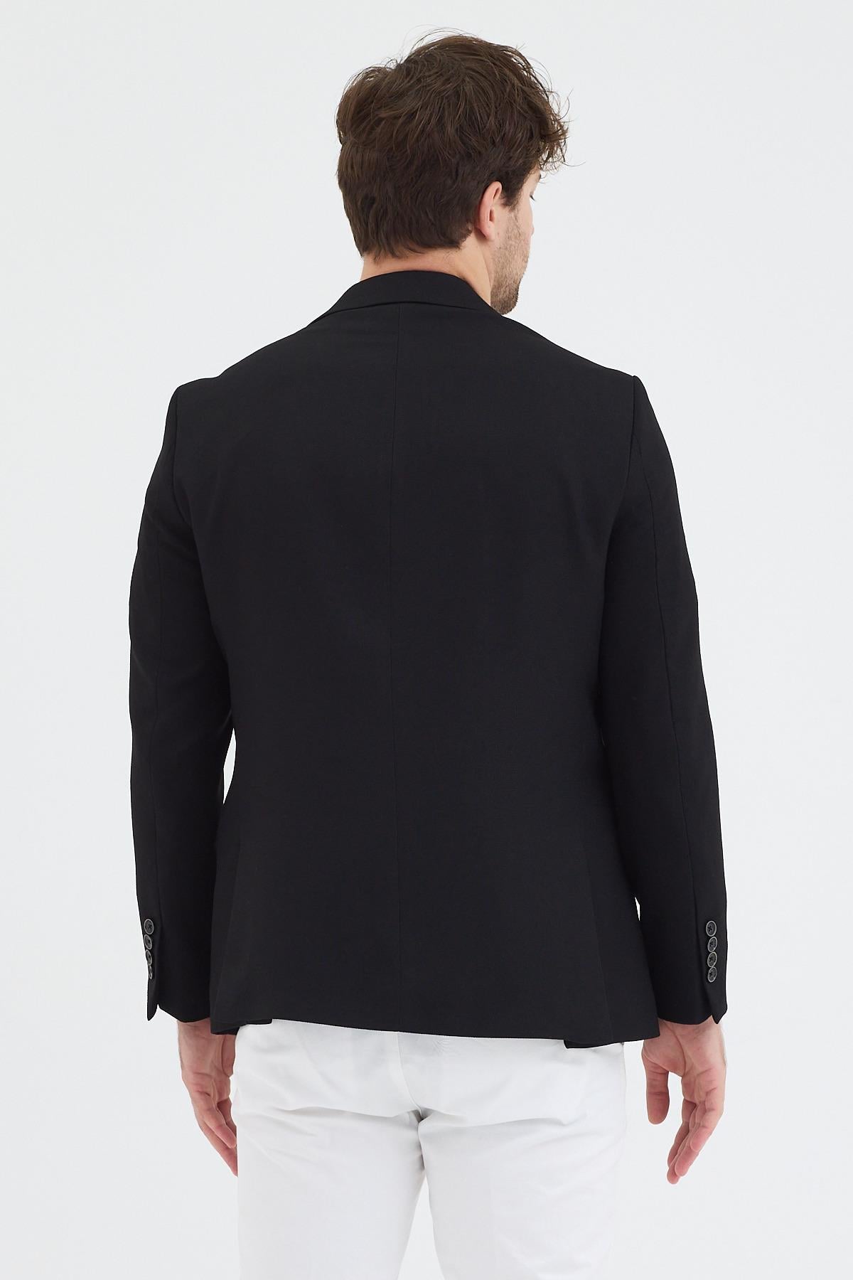 Sorex Erkek Siyah Poliviskon Kumaşlı Slim Fit Kendinden Mendilli Mono Yaka Spor Blazer Ceket