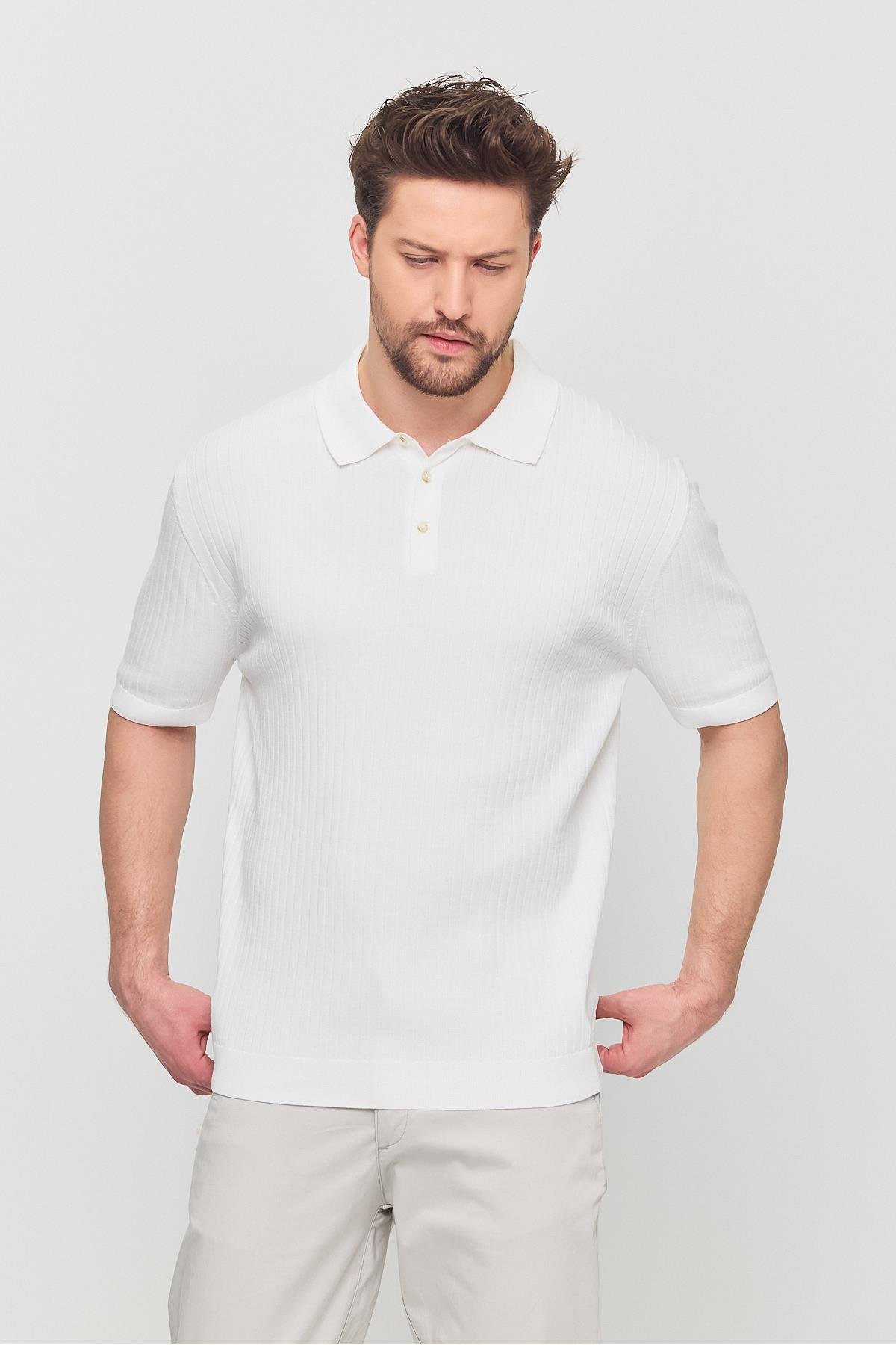 Soria Erkek Beyaz Pamuk Karışımlı Kendinden Çizgili Polo Yaka Slim Fit Triko
