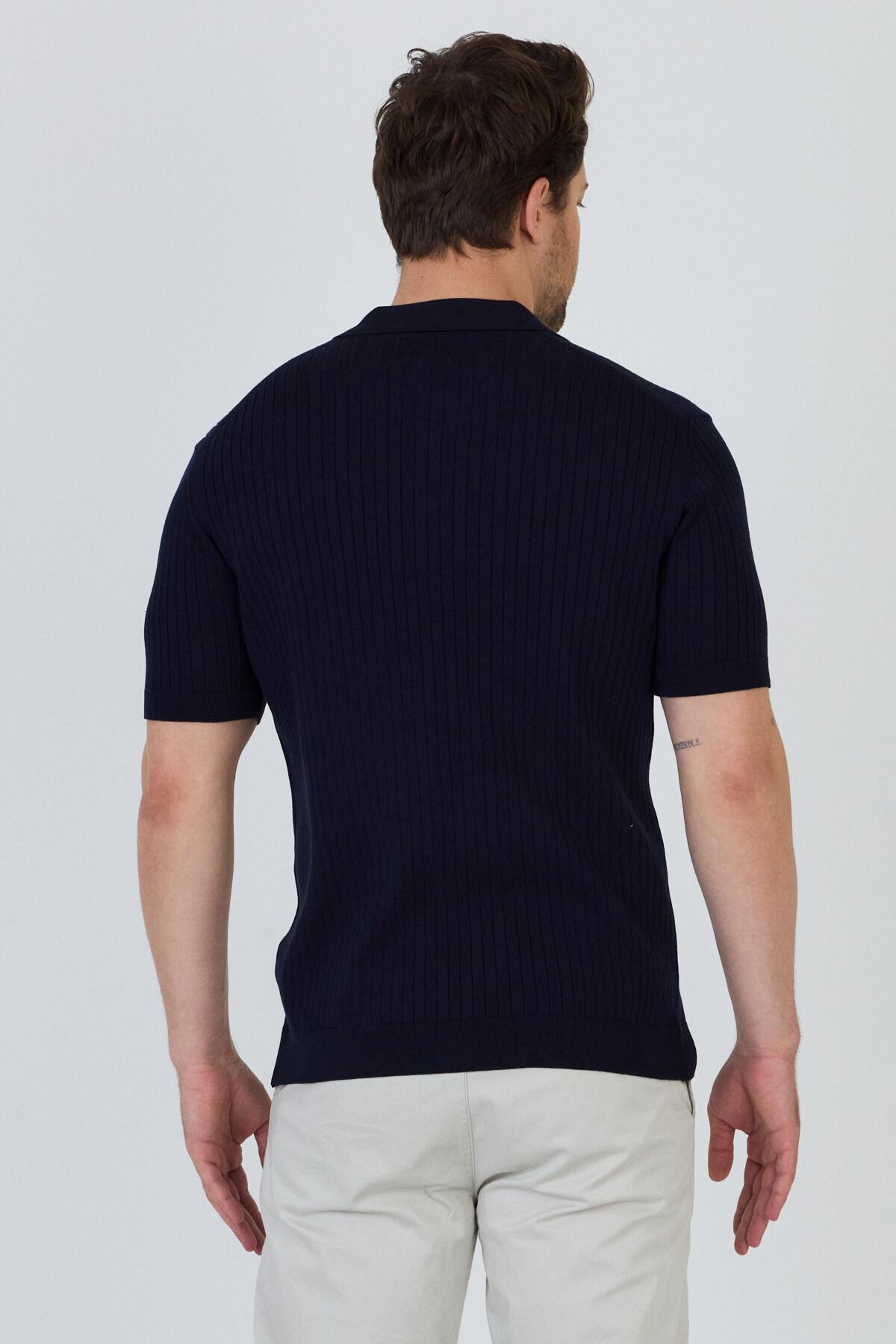 Soria Erkek Lacivert Pamuk Karışımlı Kendinden Çizgili Polo Yaka Slim Fit Triko