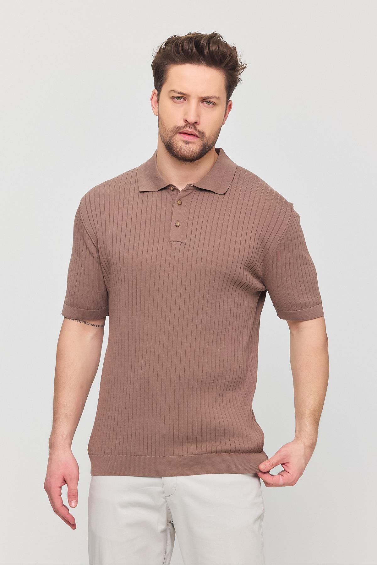 Soria Erkek Vizon Pamuk Karışımlı Kendinden Çizgili Polo Yaka Slim Fit Triko