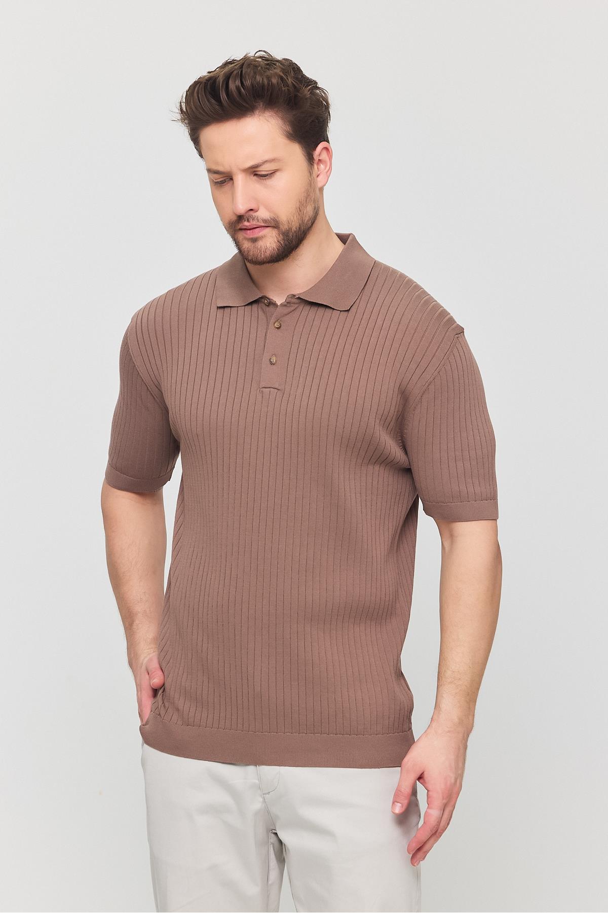 Soria Erkek Vizon Pamuk Karışımlı Kendinden Çizgili Polo Yaka Slim Fit Triko