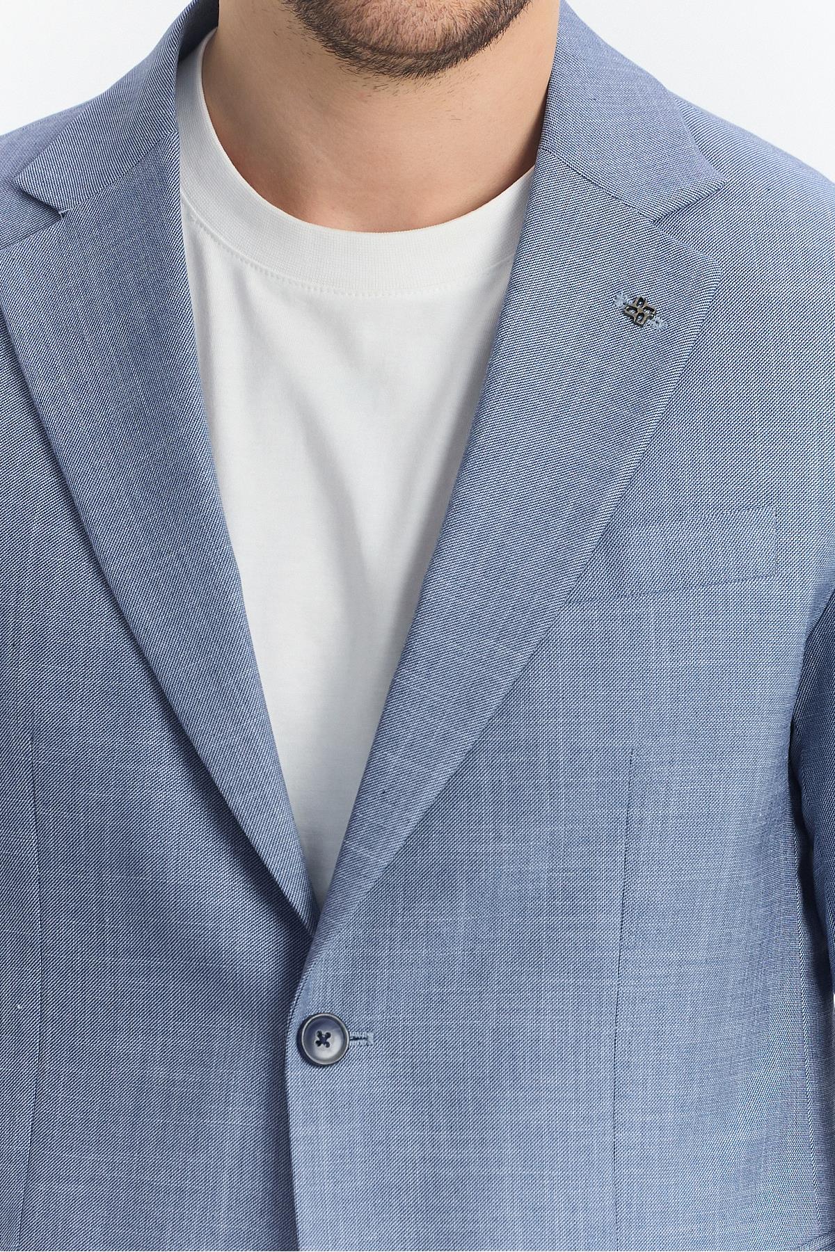 Tacues Erkek İndigo Yarım Astarlı Kapak Cepli Keten Karışımlı İlkbahar-Yaz Spor Blazer Ceket