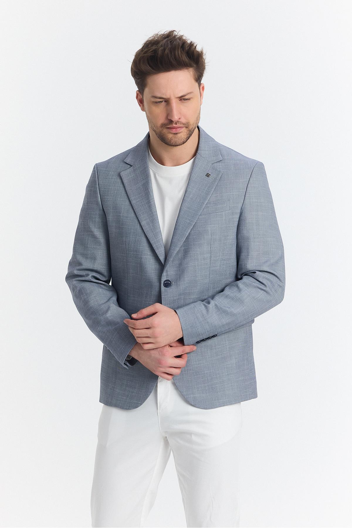 Tacues Erkek Lacivert Yarım Astarlı Kapak Cepli Keten Karışımlı İlkbahar-Yaz Spor Blazer Ceket