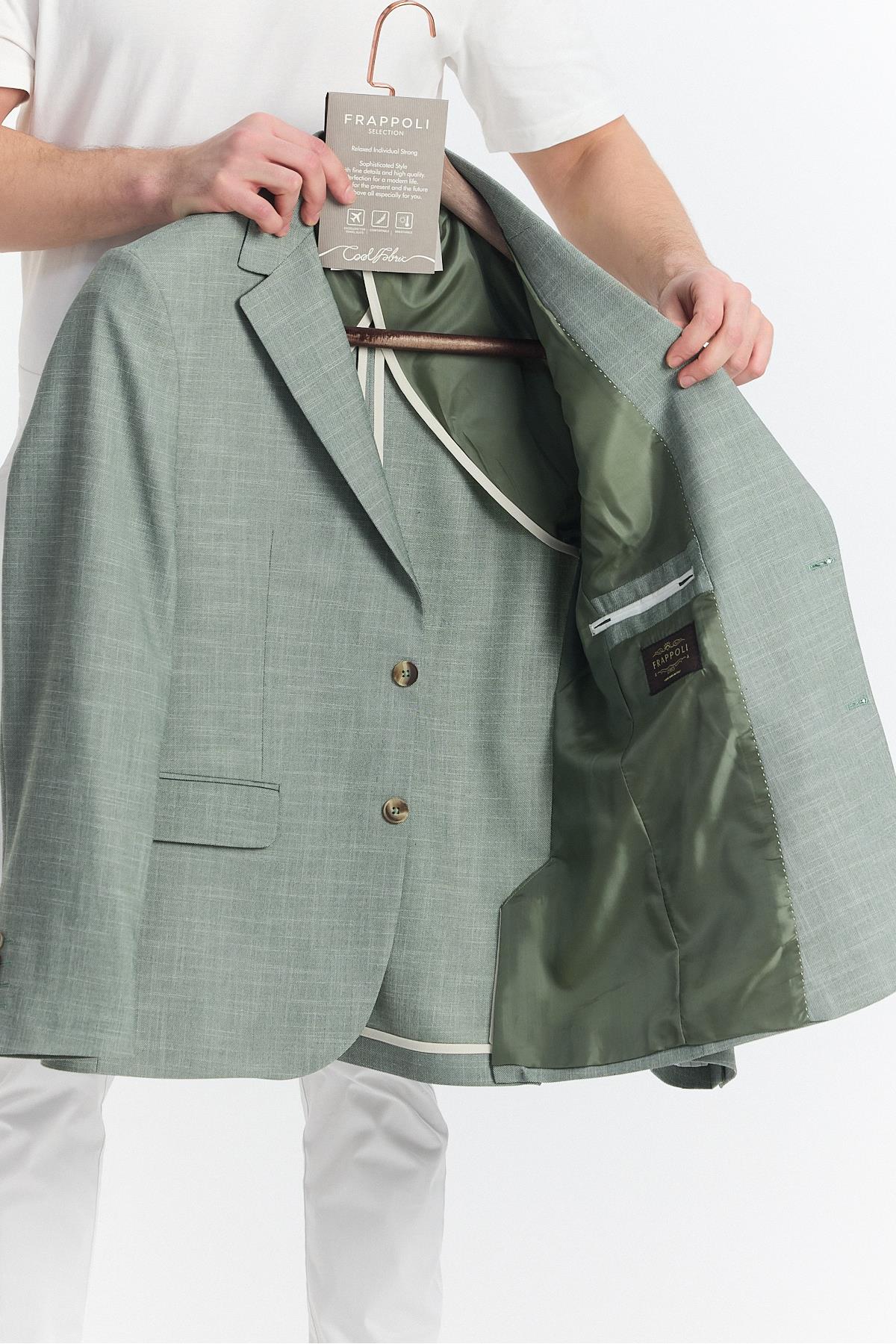 Tacues Erkek Yeşil Yarım Astarlı Kapak Cepli Keten Karışımlı İlkbahar-Yaz Spor Blazer Ceket