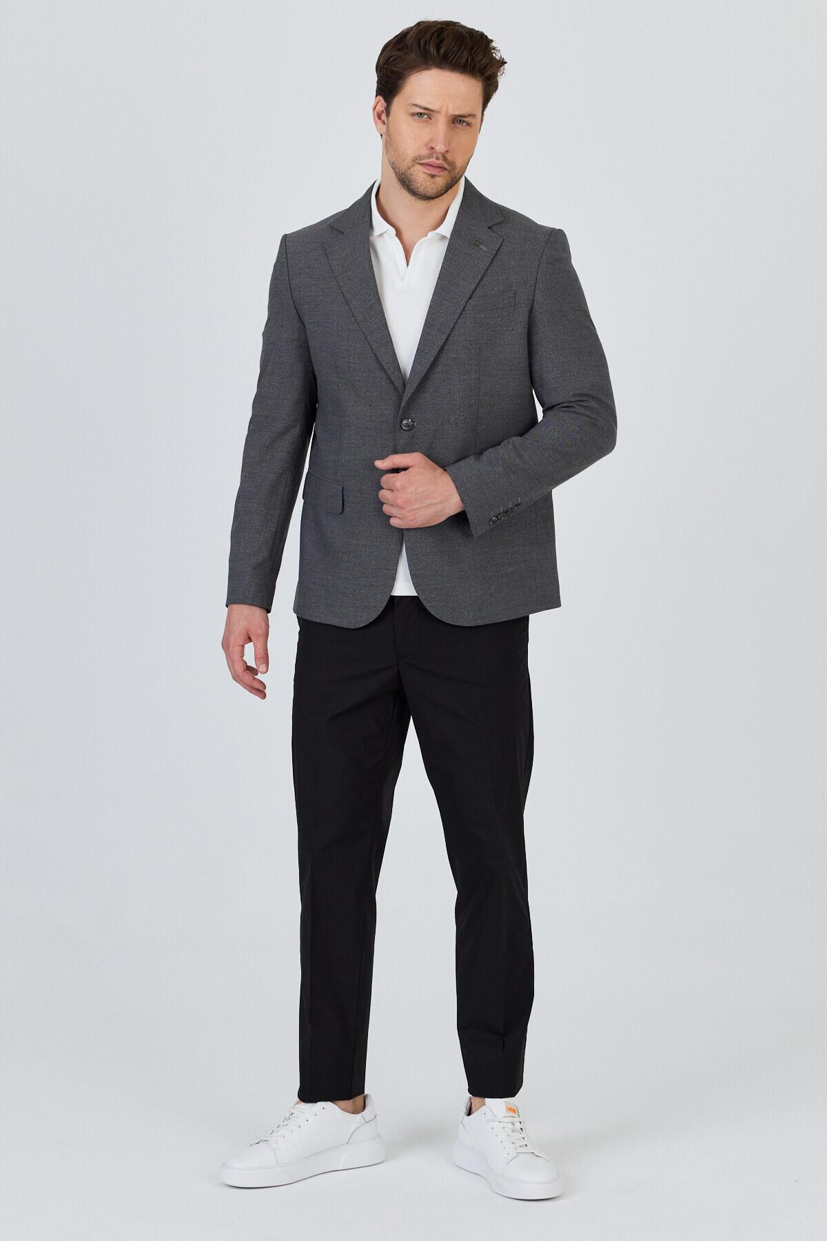 Tadic Erkek Gri Desenli Esneyen Kumaş Slim Fit Kapak Cepli Yarım Astar 4 Mevsim Blazer Ceket