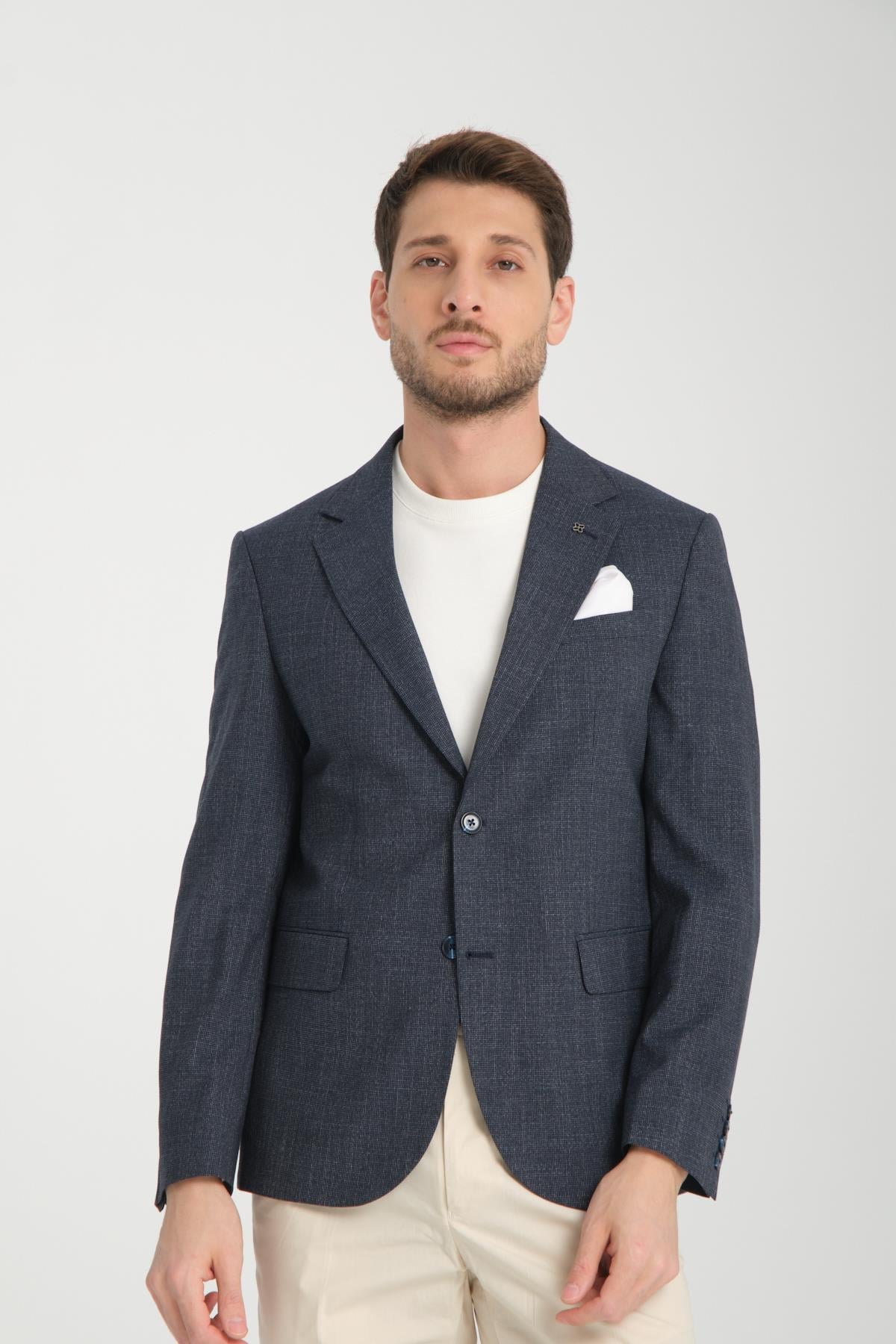 Tadic Erkek K.lacivert Desenli Esneyen Kumaş Slim Fit Kapak Cepli Yarım Astar 4 Mevsim Blazer Ceket