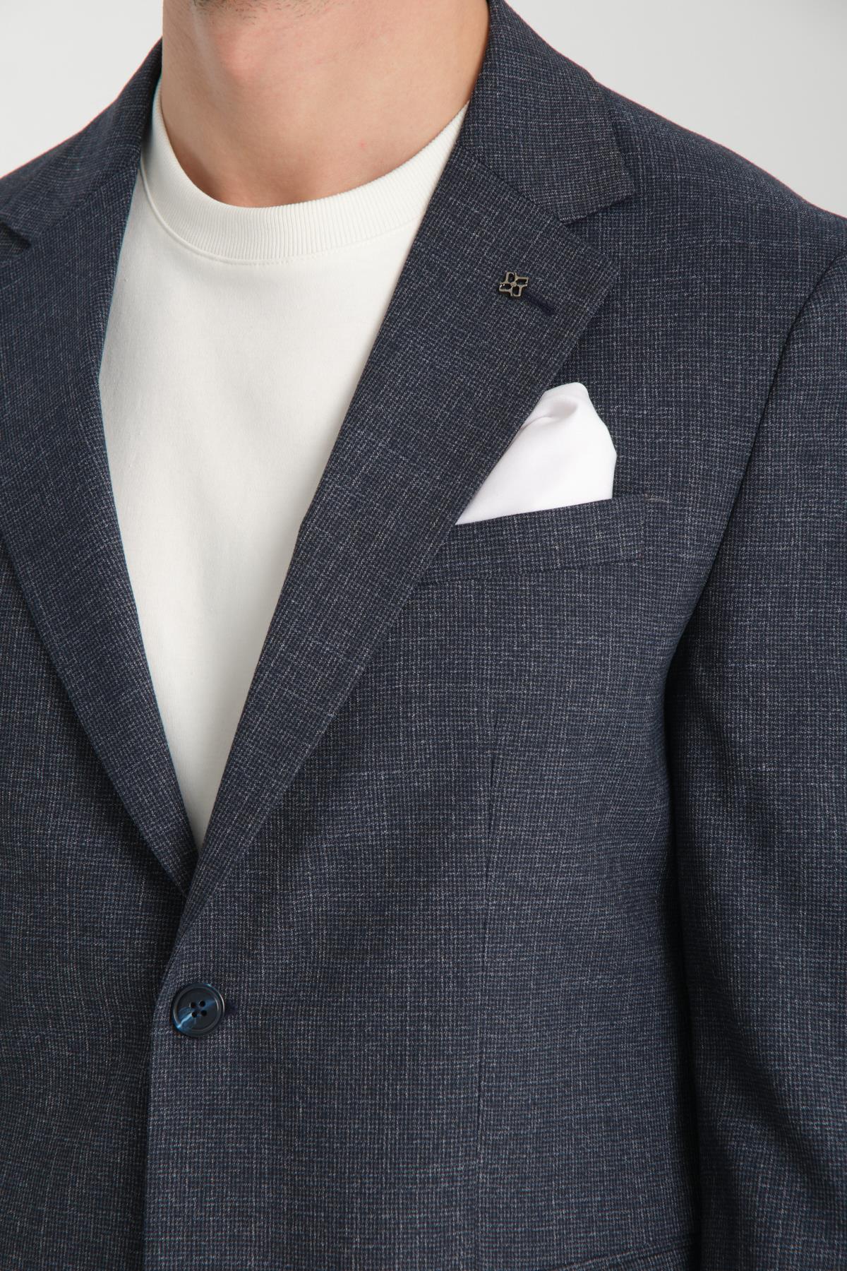 Tadic Erkek K.lacivert Desenli Esneyen Kumaş Slim Fit Kapak Cepli Yarım Astar 4 Mevsim Blazer Ceket