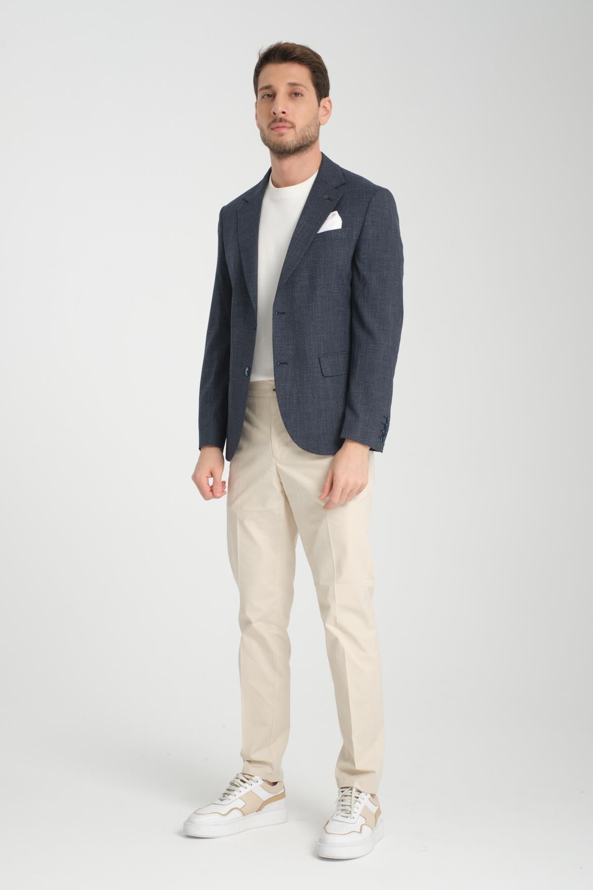Tadic Erkek K.lacivert Desenli Esneyen Kumaş Slim Fit Kapak Cepli Yarım Astar 4 Mevsim Blazer Ceket