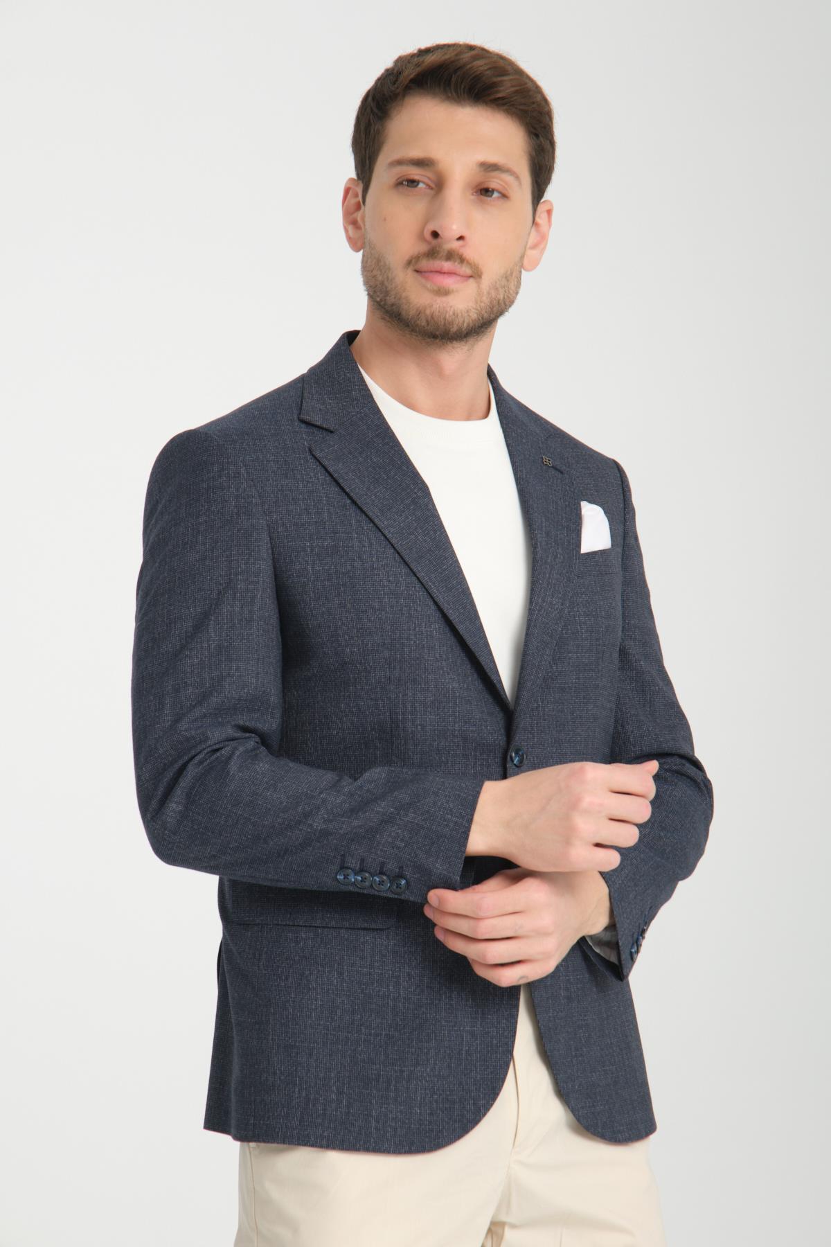 Tadic Erkek K.lacivert Desenli Esneyen Kumaş Slim Fit Kapak Cepli Yarım Astar 4 Mevsim Blazer Ceket