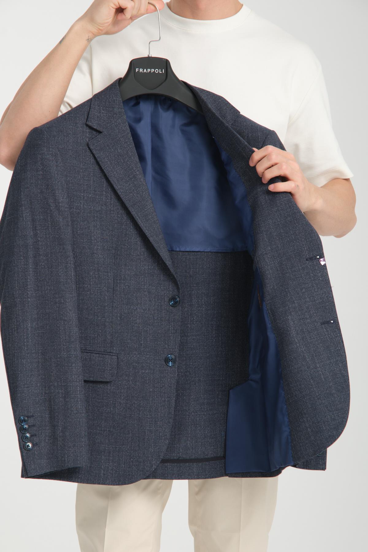 Tadic Erkek K.lacivert Desenli Esneyen Kumaş Slim Fit Kapak Cepli Yarım Astar 4 Mevsim Blazer Ceket