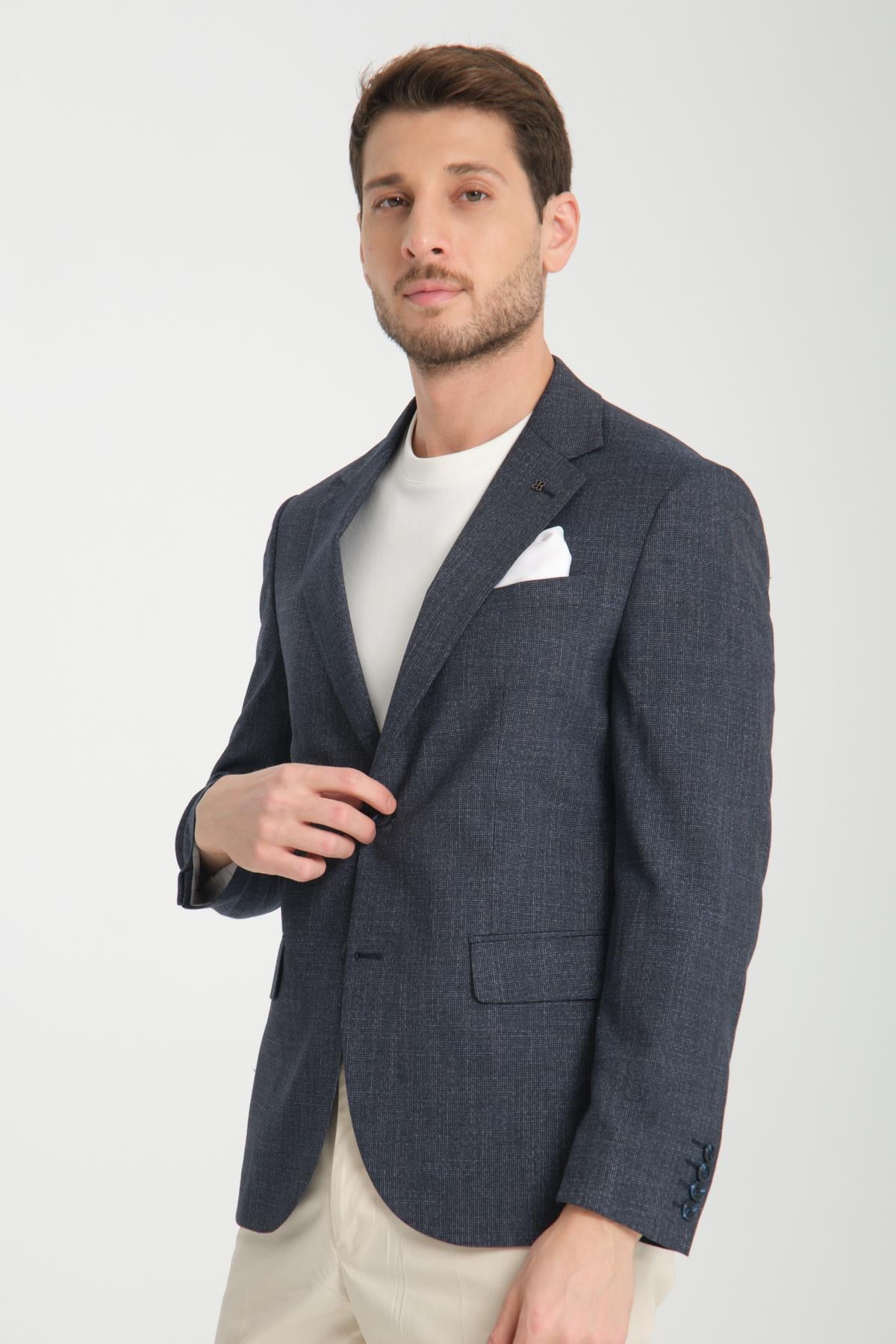 Tadic Erkek K.lacivert Desenli Esneyen Kumaş Slim Fit Kapak Cepli Yarım Astar 4 Mevsim Blazer Ceket